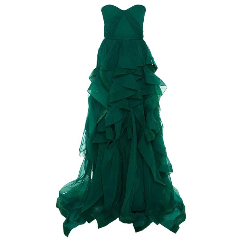 Reem Acra Green Chiffon Silk Layered Ruffle Strapless Gown M