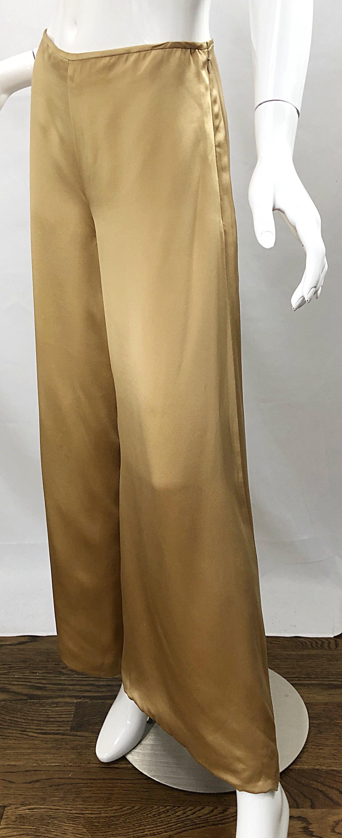 Reem Acra 2000s Liquid Gold Silk Size 6 / 8 Wide Leg Metallic Trousers Pants For Sale 3
