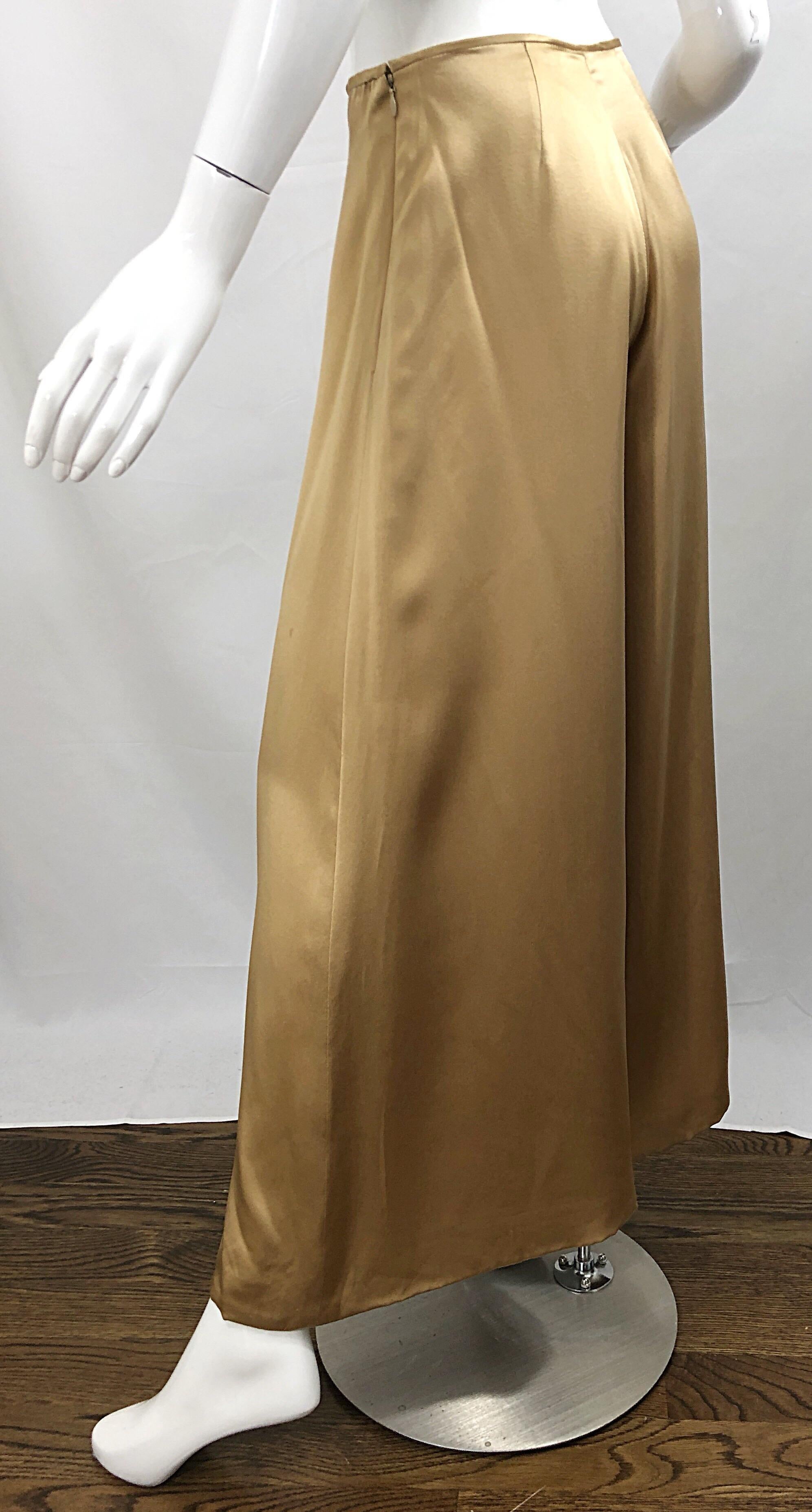 Brown Reem Acra 2000s Liquid Gold Silk Size 6 / 8 Wide Leg Metallic Trousers Pants For Sale
