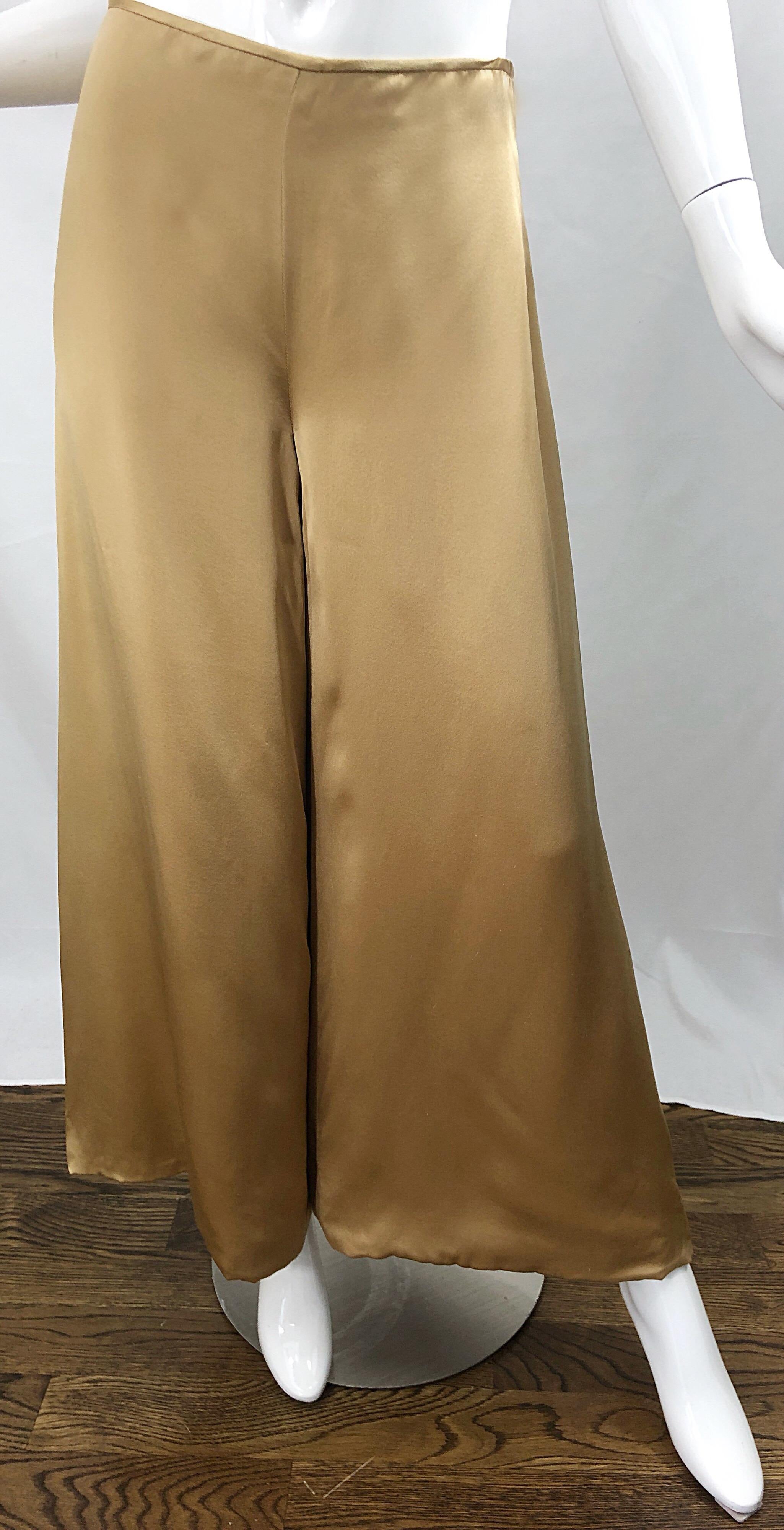 Women's Reem Acra 2000s Liquid Gold Silk Size 6 / 8 Wide Leg Metallic Trousers Pants For Sale