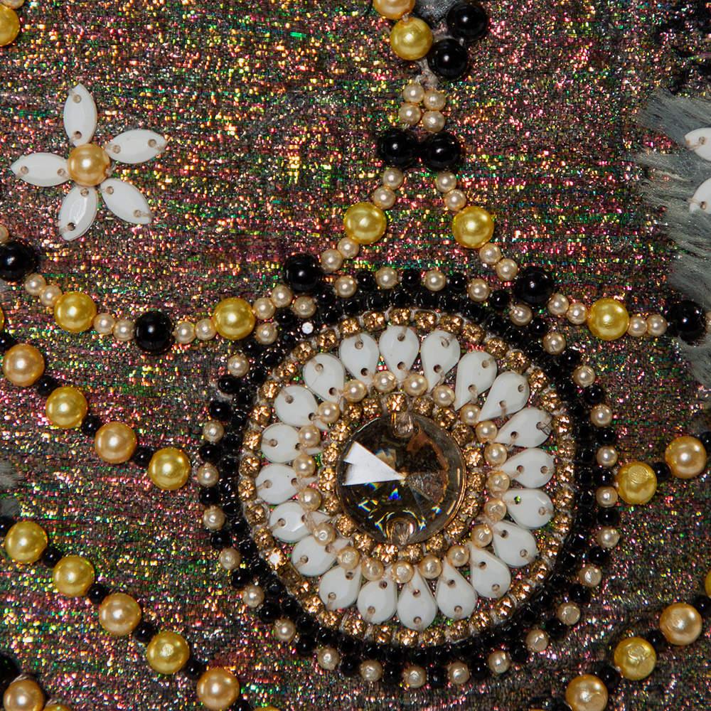 Reem Acra Multicolor Lurex Jacquard & Kunstpelz Perlen Herz Detail Taille Gürtel M im Zustand „Neu“ im Angebot in Dubai, Al Qouz 2