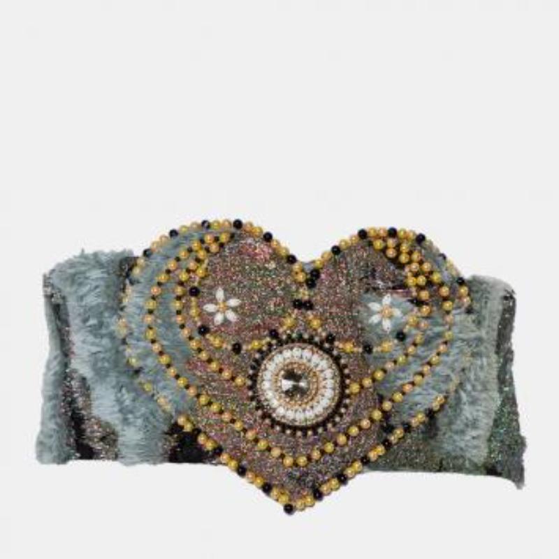 Women's Reem Acra Multicolor Lurex Jacquard & Faux Fur Beaded Heart Detail Waist Belt M For Sale