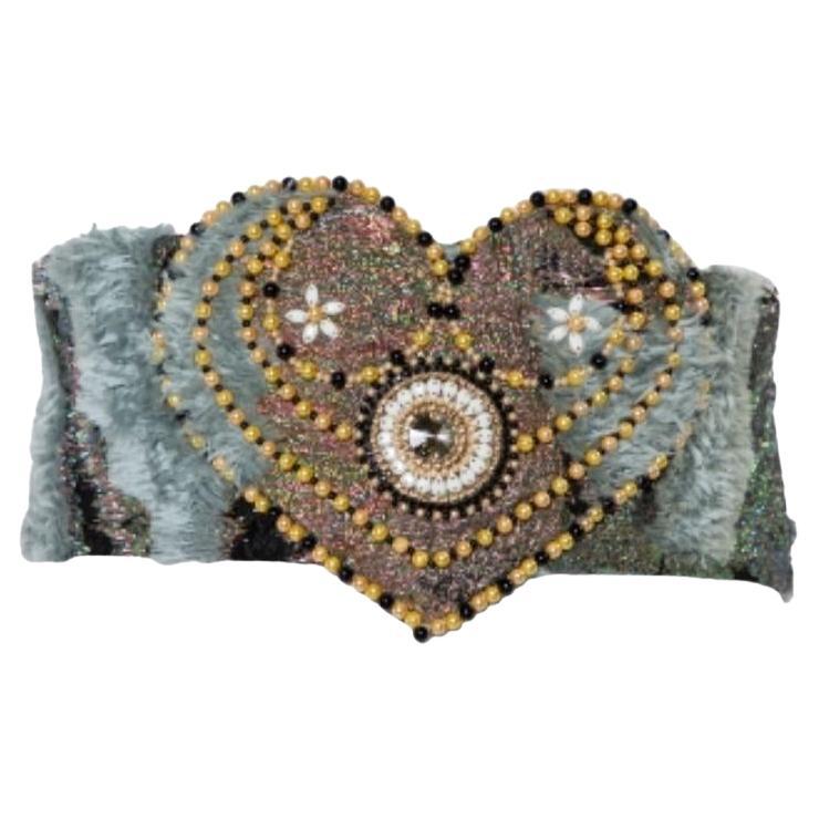 Reem Acra Multicolor Lurex Jacquard & Faux Fur Beaded Heart Detail Waist Belt M For Sale