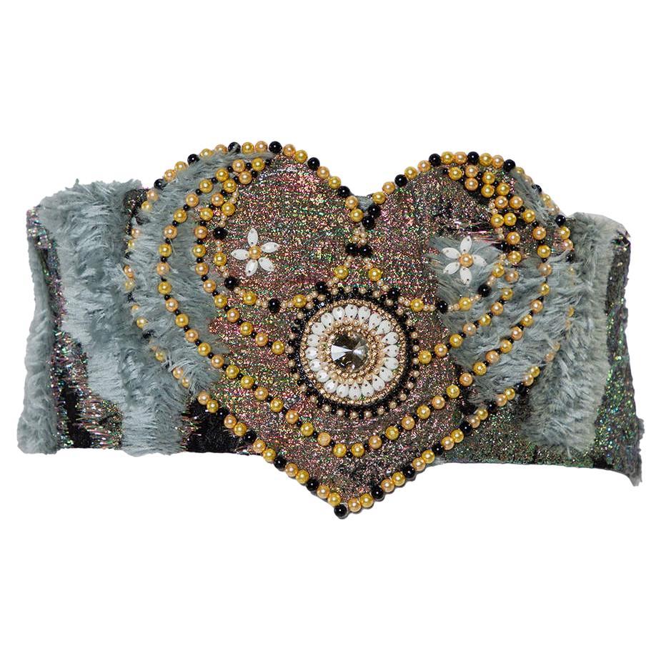 Reem Acra Multicolor Lurex Jacquard & Faux Fur Beaded Heart Detail Waist Belt M