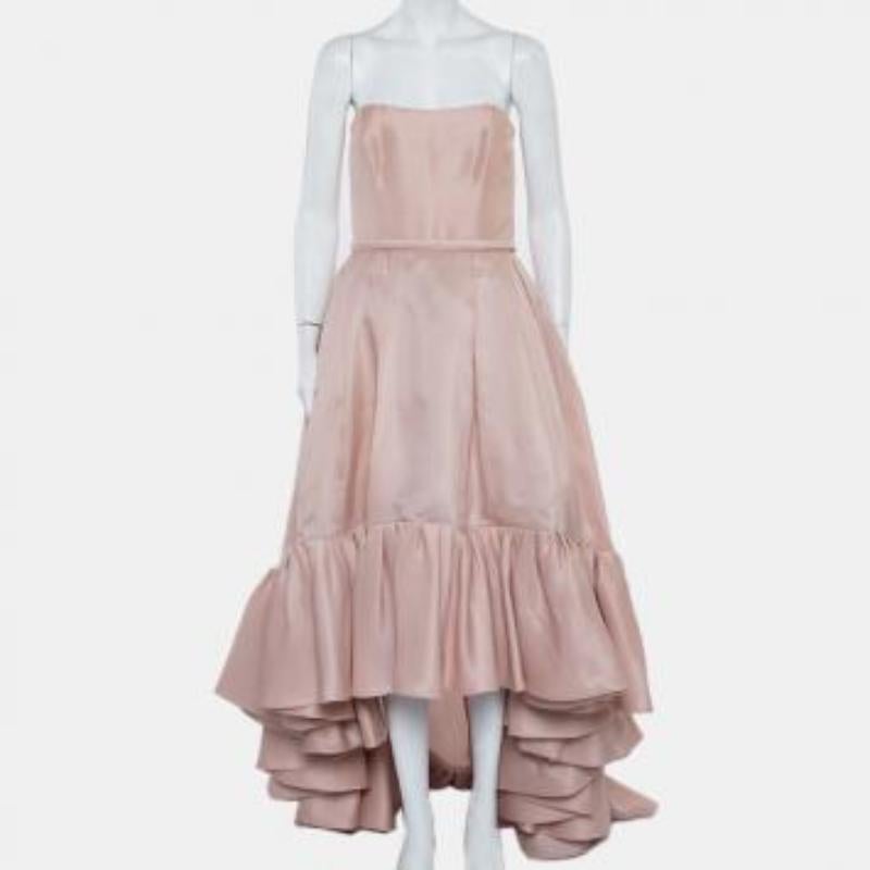 Reem Acra Pink Silk Ruffled Asymmetric Hem Strapless Gown M For Sale 5