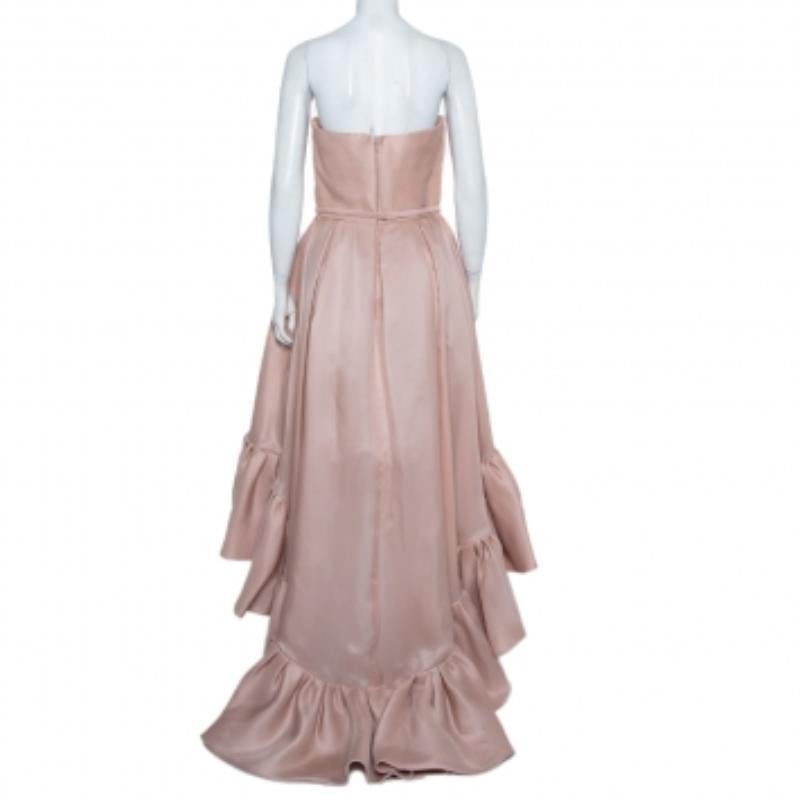 Reem Acra Pink Silk Ruffled Asymmetric Hem Strapless Gown M In Good Condition For Sale In Dubai, Al Qouz 2