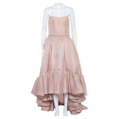 Reem Acra Pink Silk Ruffled Asymmetric Hem Strapless Gown M