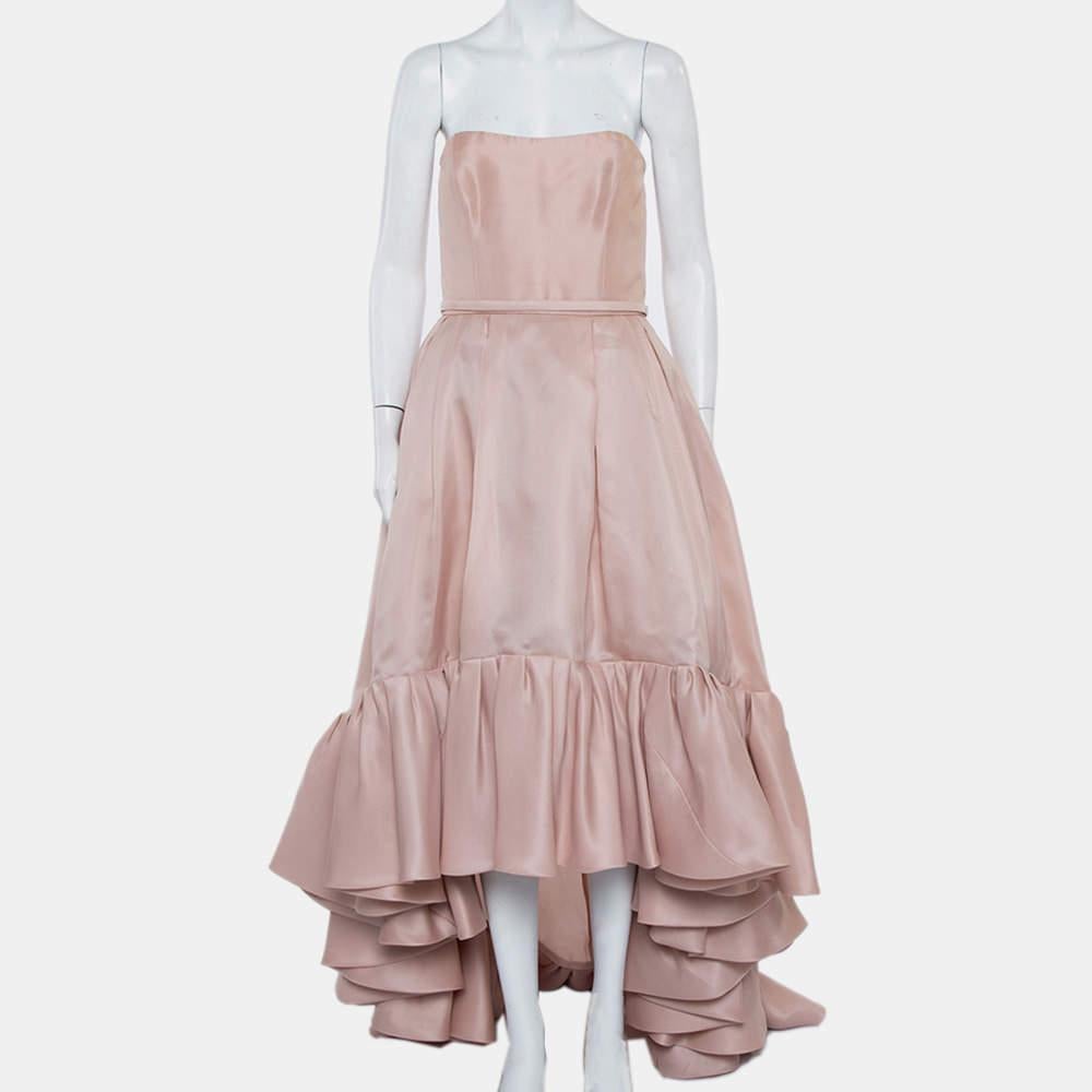 Reem Acra Pink Silk Ruffled Asymmetric Hem Strapless Gown M For Sale