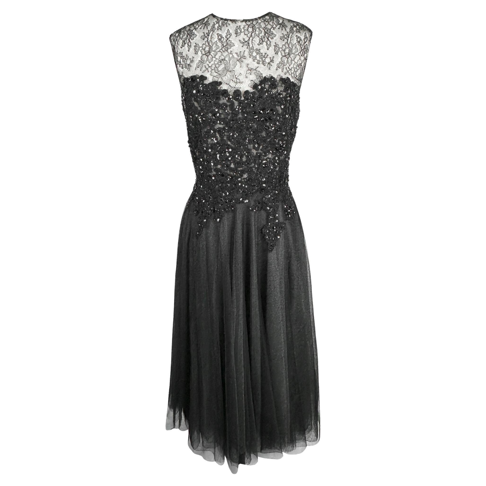 Reem Acra Pre‑Fall 2015 Lace Sequin Bodice Tulle Midi Dress Black Size 6 For Sale
