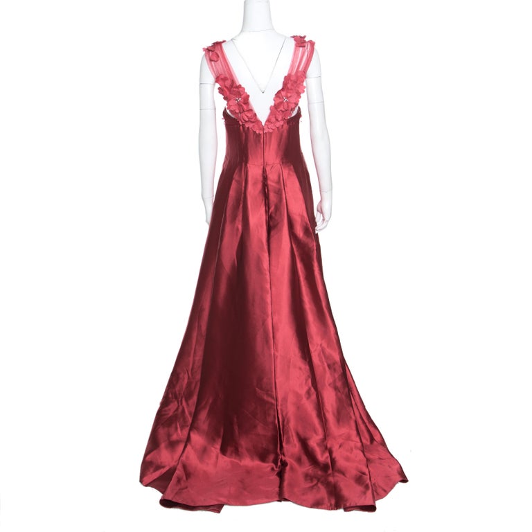 Reem Acra Red Silk Floral Applique Bodice Detail Embellished Gown L at ...