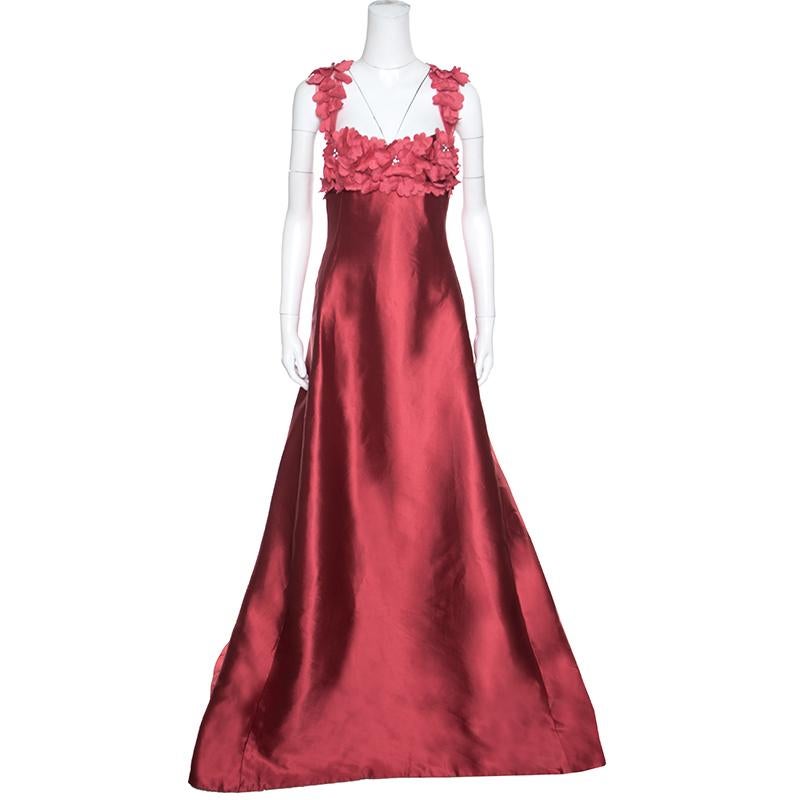 Reem Acra Red Silk Floral Applique Bodice Detail Embellished Gown L