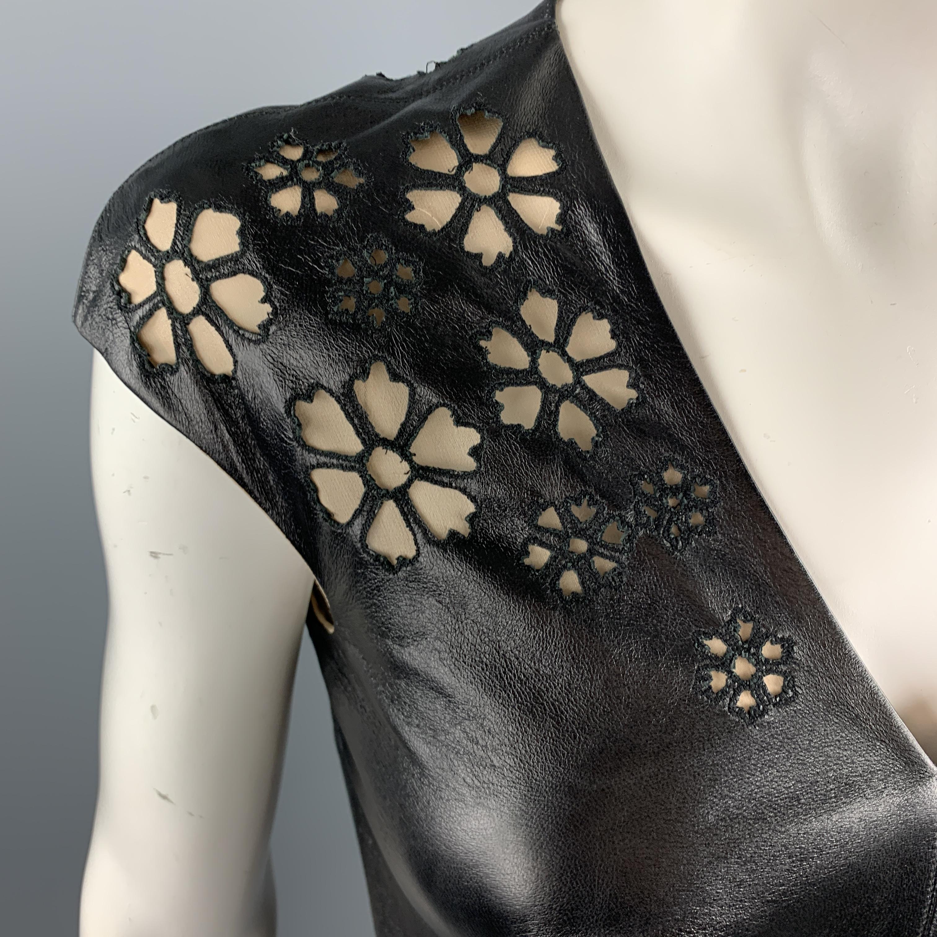 REEM ACRA Size 4 Black Leather Floral Cutout Cocktail Dress In New Condition In San Francisco, CA