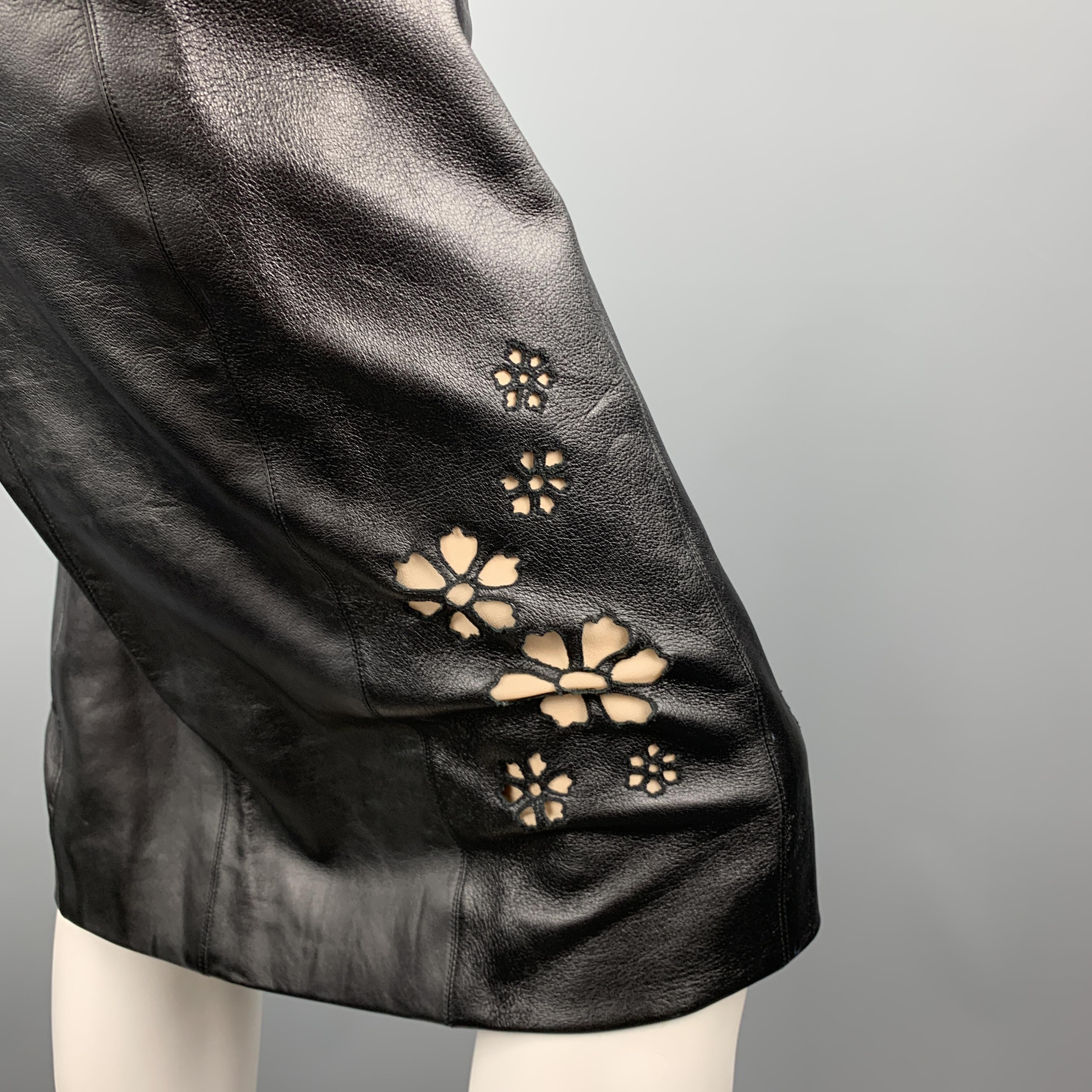 Women's REEM ACRA Size 4 Black Leather Floral Cutout Cocktail Dress