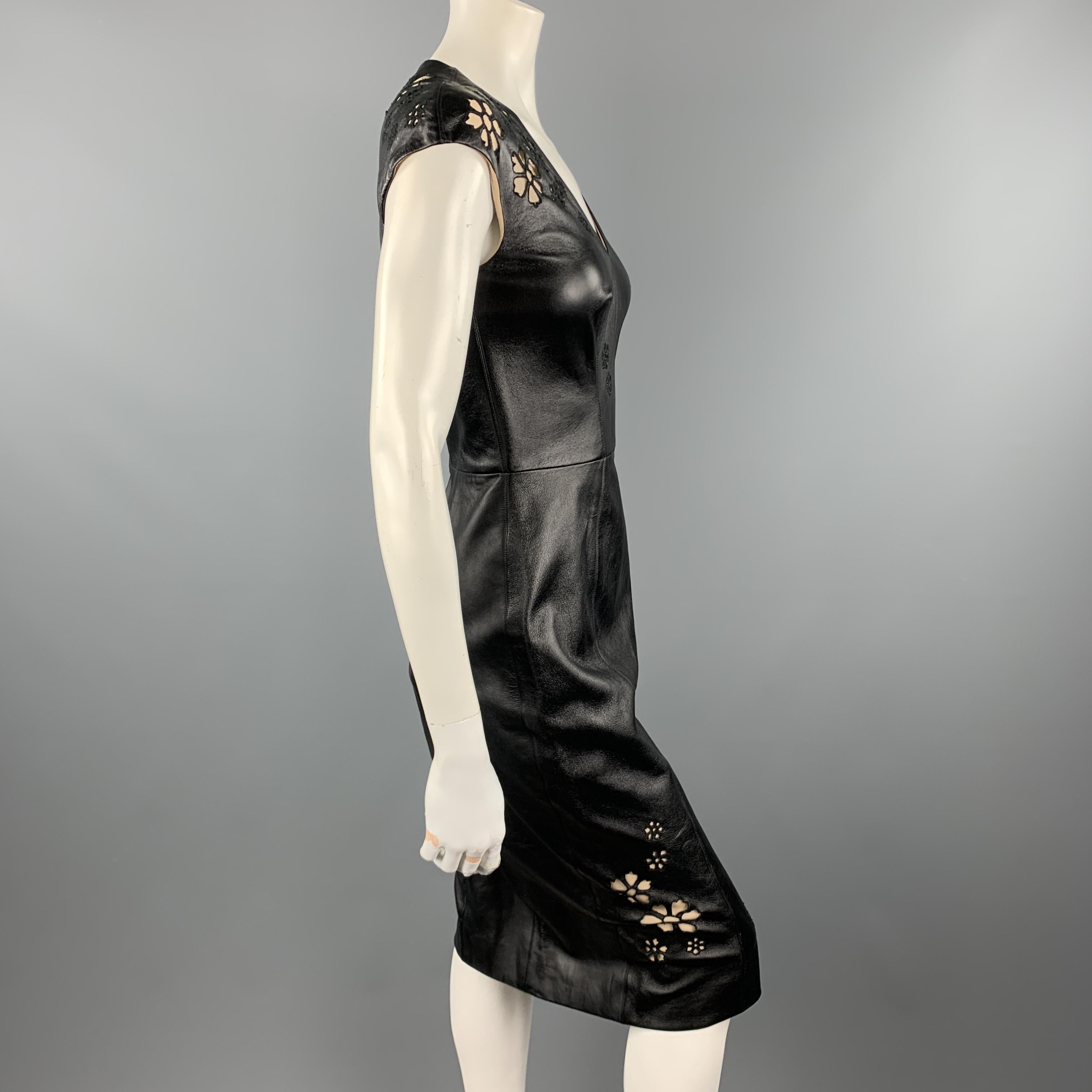 REEM ACRA Size 4 Black Leather Floral Cutout Cocktail Dress 1