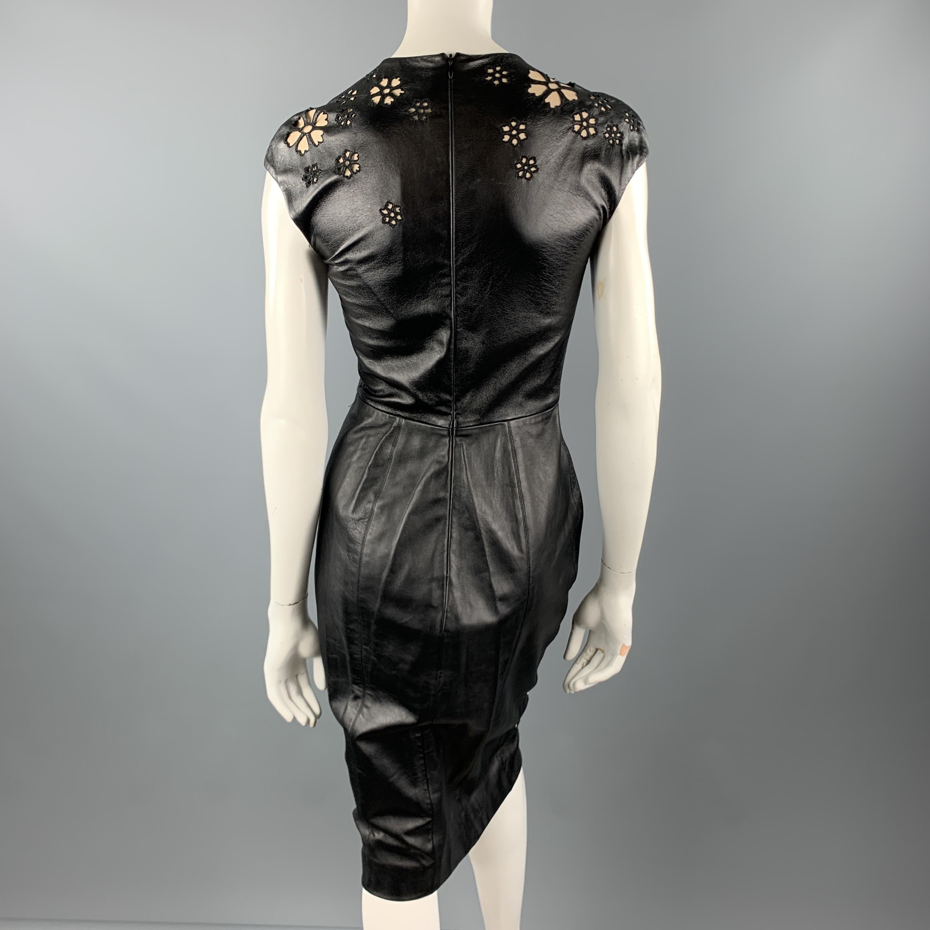 REEM ACRA Size 4 Black Leather Floral Cutout Cocktail Dress 2