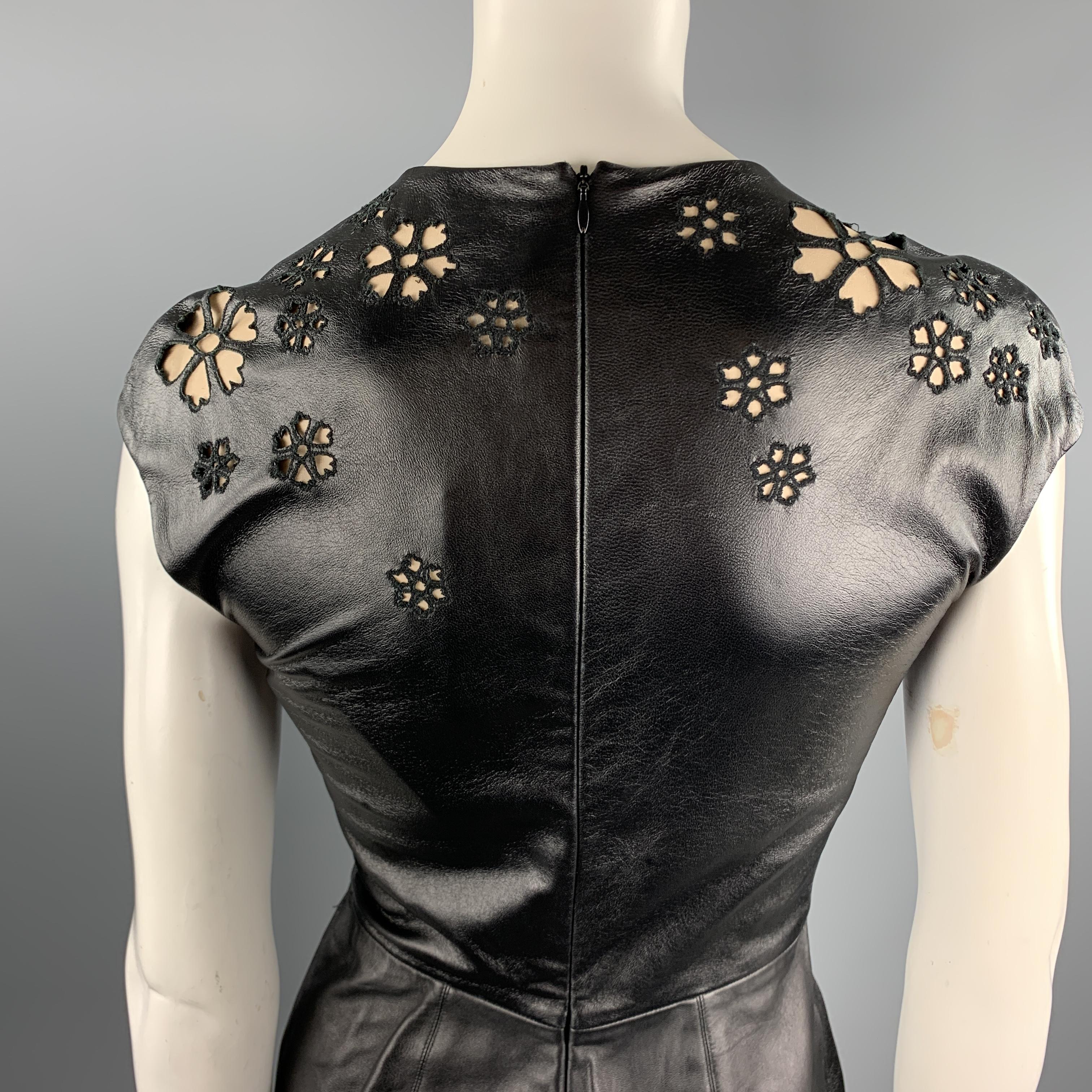 REEM ACRA Size 4 Black Leather Floral Cutout Cocktail Dress 3
