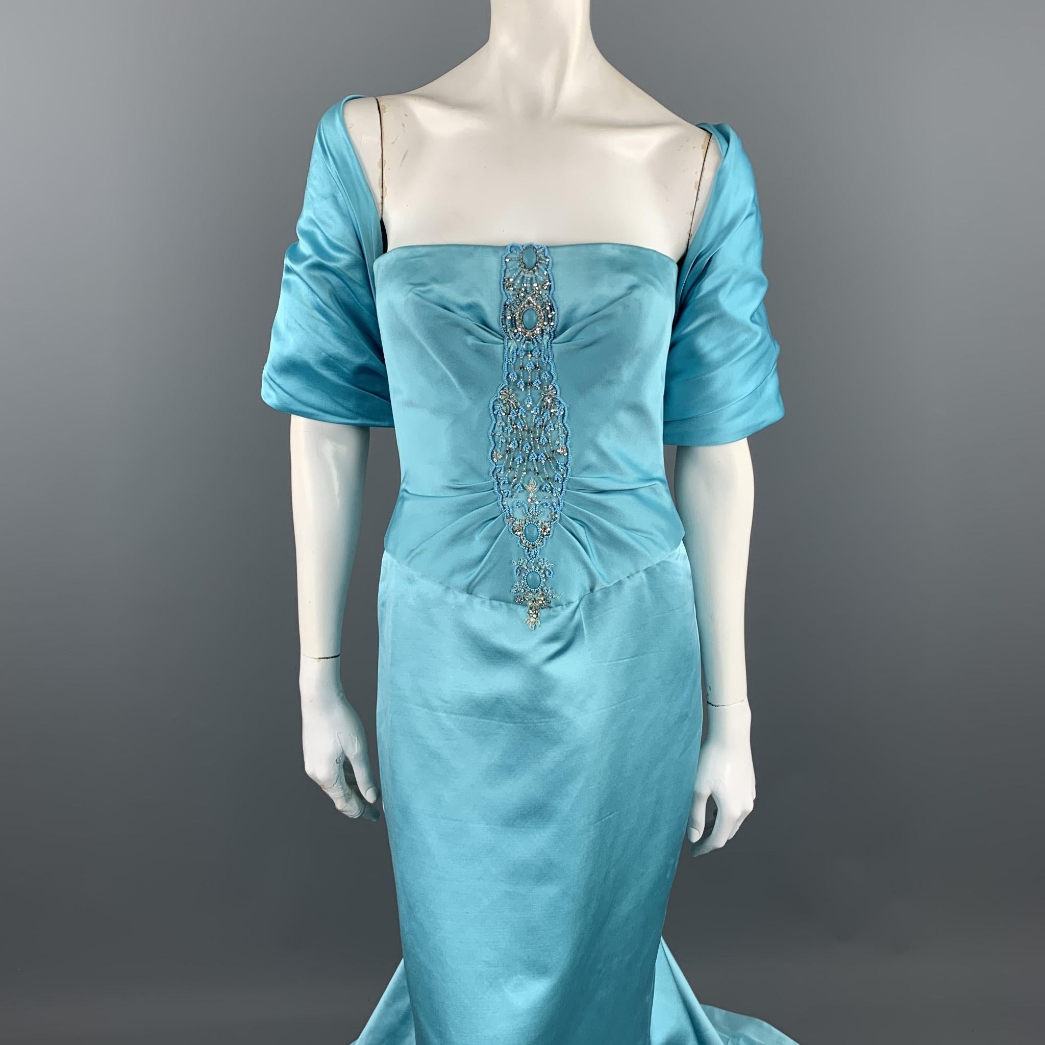 REEM ACRA strapless evening gown comes in light blue silk satin with a beaded bustier bodice, trumpet skirt with ruched back and matching ruched bolero shrug jacket. Wear around neckline and collar. As-Is. Made in USA.

Good Pre-Owned