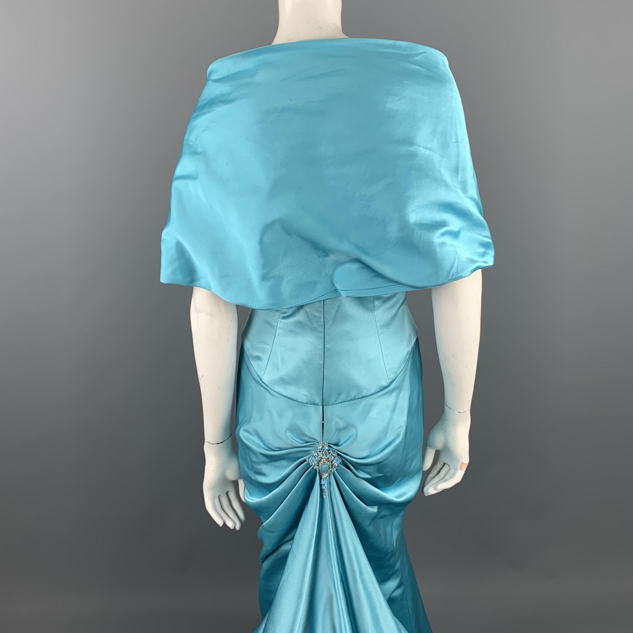 REEM ACRA Size M Blue Silk Strapless Beaded Gown & Bolero Shrug In Good Condition In San Francisco, CA