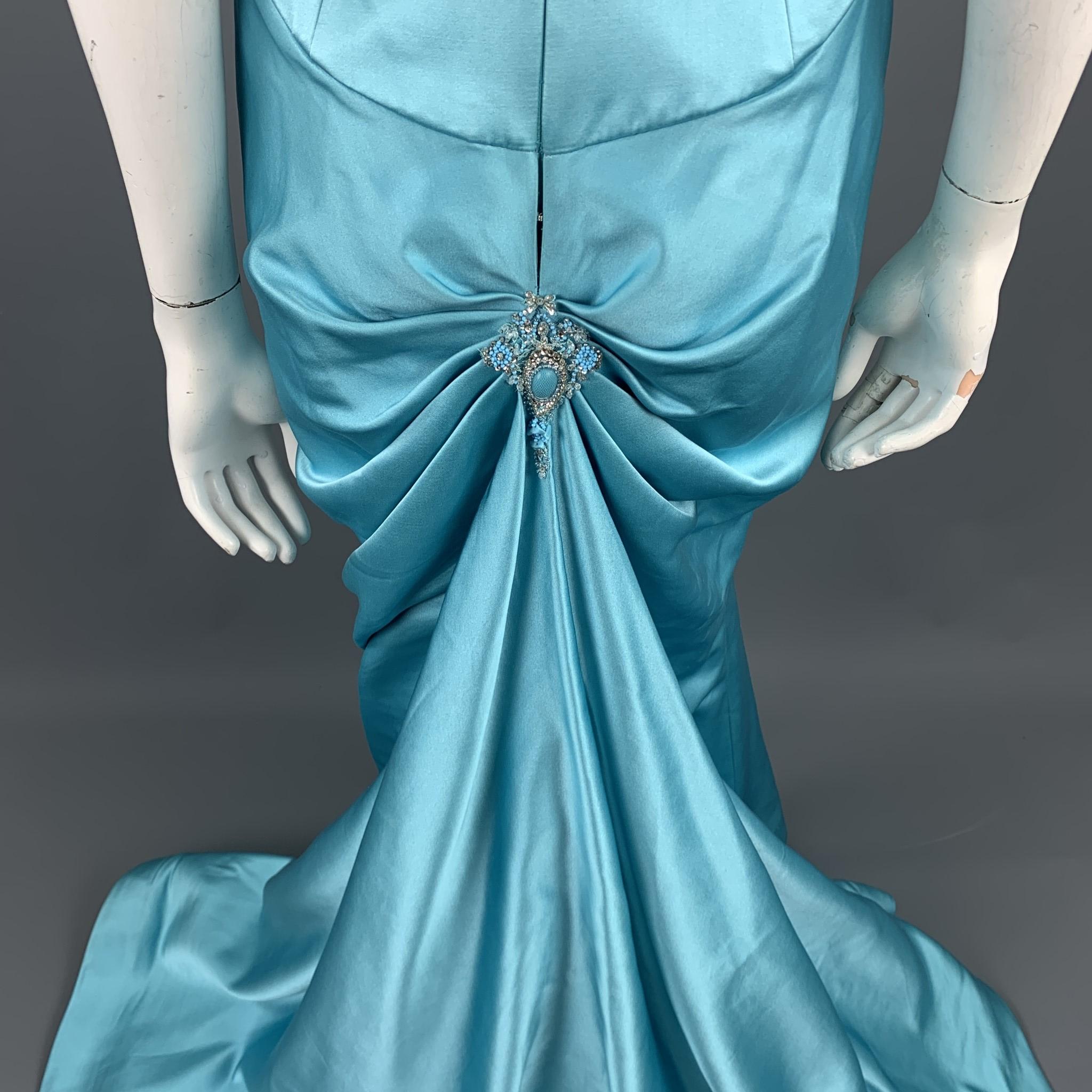 Women's REEM ACRA Size M Blue Silk Strapless Beaded Gown & Bolero Shrug