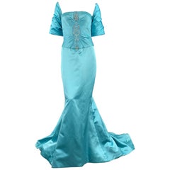 REEM ACRA Taille M Robe en soie bleue sans bretelles et perlée & Boléro Cache-nez