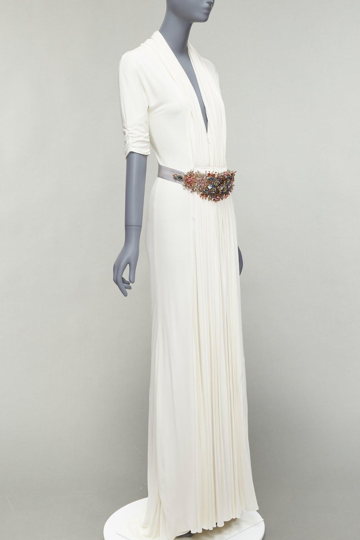 REEM ACRA white pleated colourful jewel grey belt deep V grecian gown US2 S
Reference: NKLL/A00024
Brand: Reem Acra
Material: Rayon
Color: White, Multicolour
Pattern: Solid
Closure: Belt
Extra Details: Belt is removable. Fully lined.
Made in: United