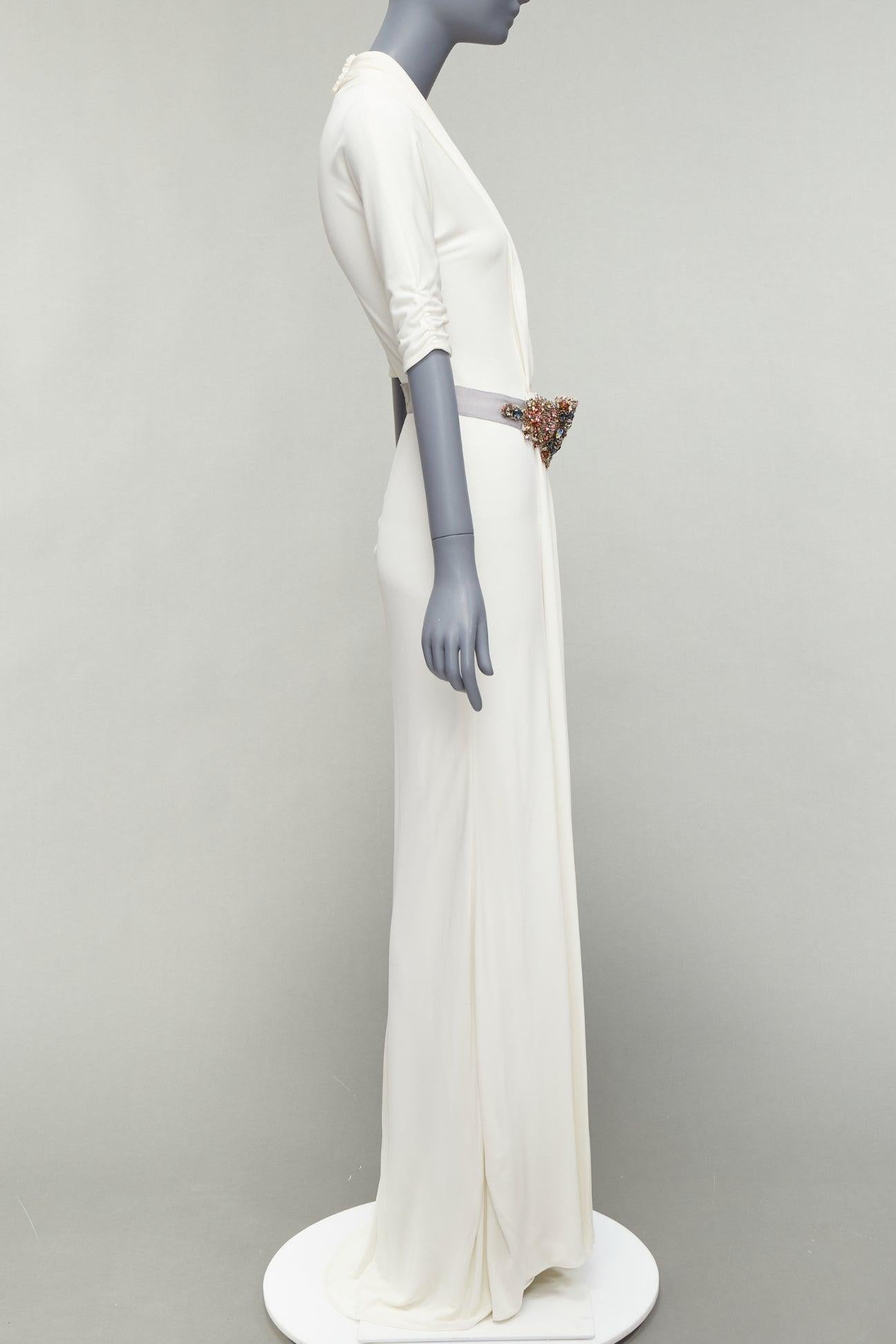 REEM ACRA white pleated colourful jewel grey belt deep V grecian gown US2 S In Fair Condition For Sale In Hong Kong, NT