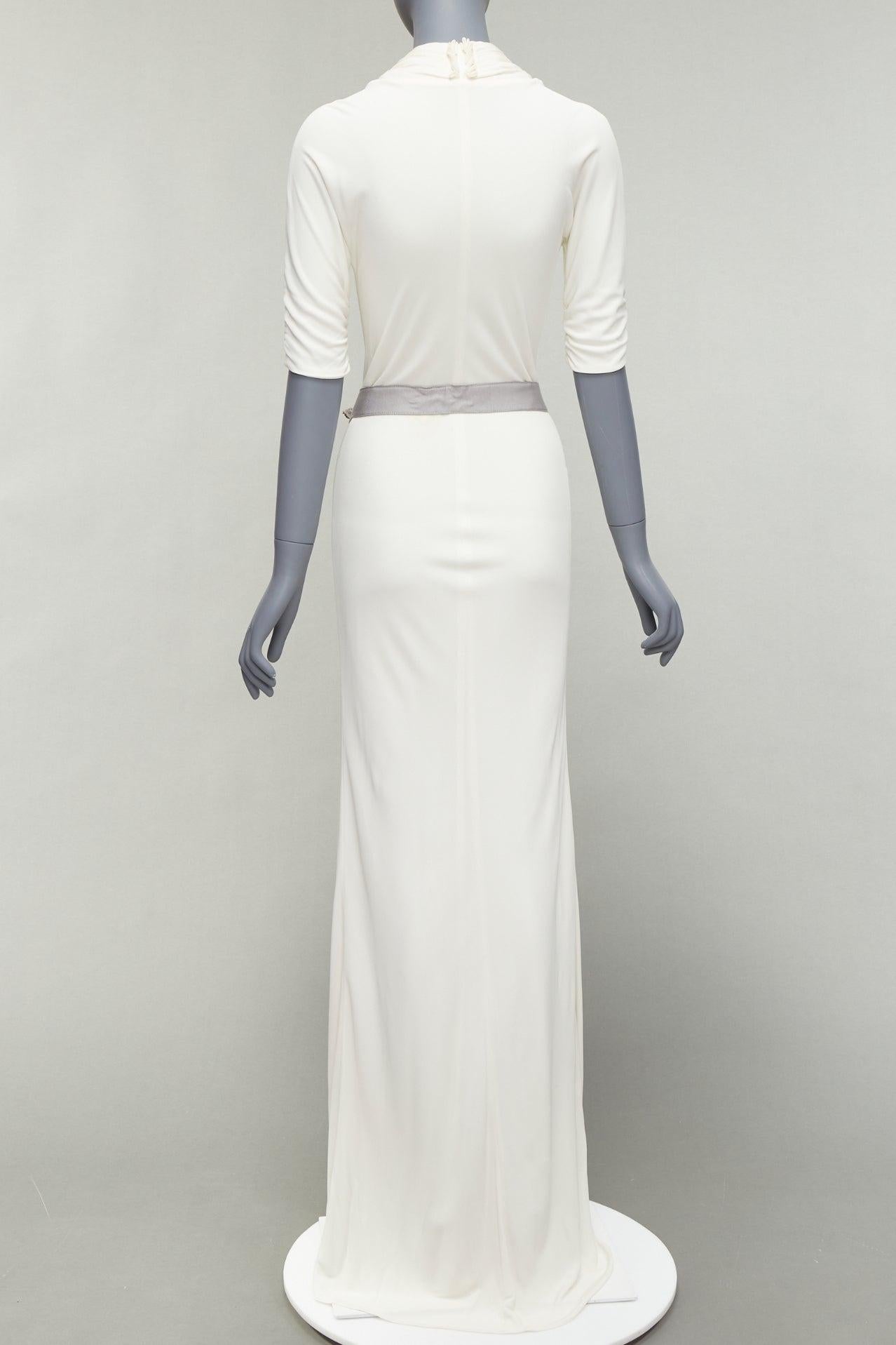 REEM ACRA white pleated colourful jewel grey belt deep V grecian gown US2 S For Sale 1