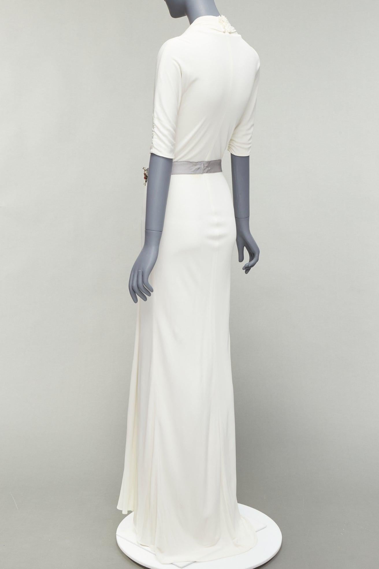 REEM ACRA white pleated colourful jewel grey belt deep V grecian gown US2 S For Sale 2