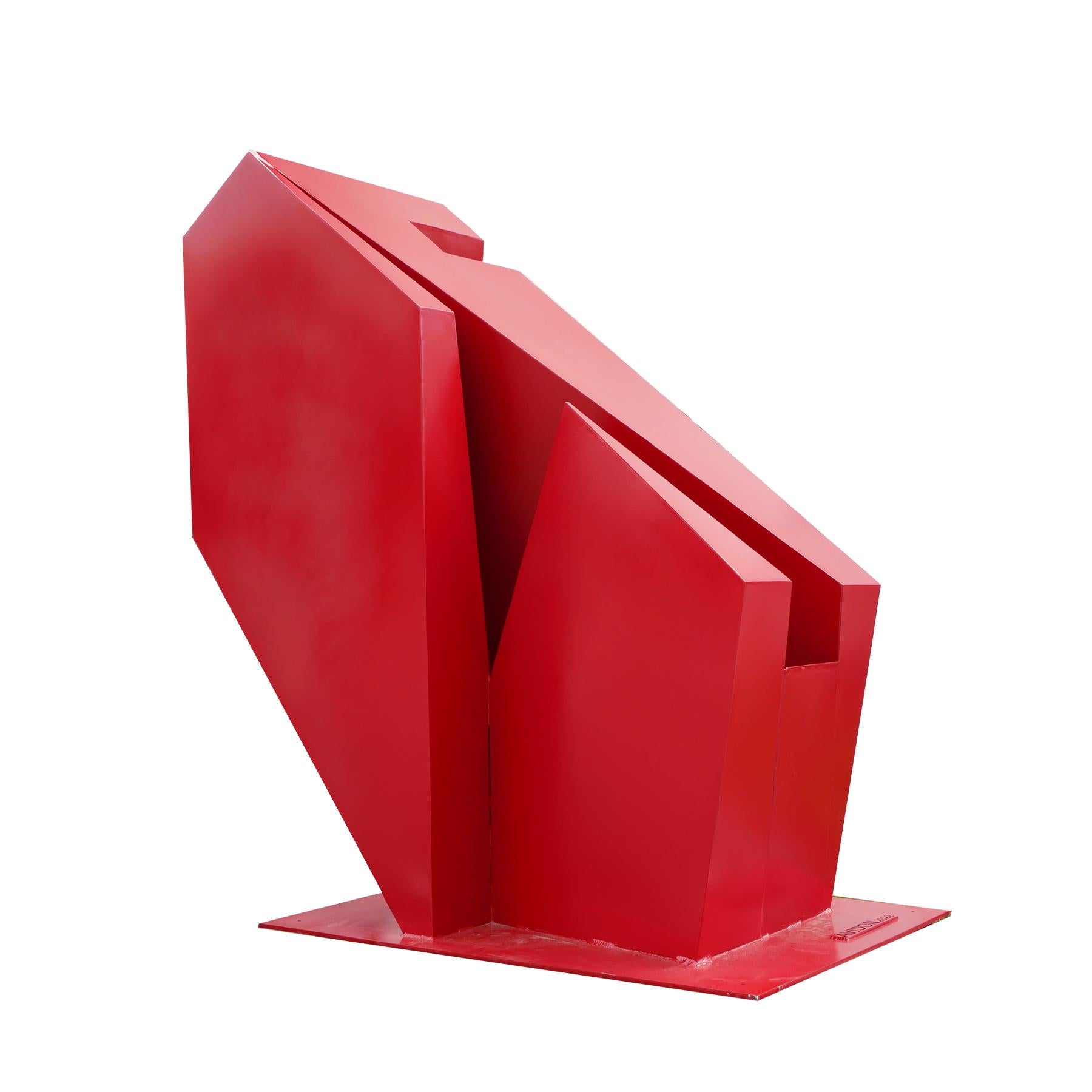Large red custom-made geometric sculpture by Scott Avidon. This angular sculpture was fabricated and made for Reeves Art and Design and is a new contemporary piece that is now in their collection. Made out of steel and powder-coated in a bright red