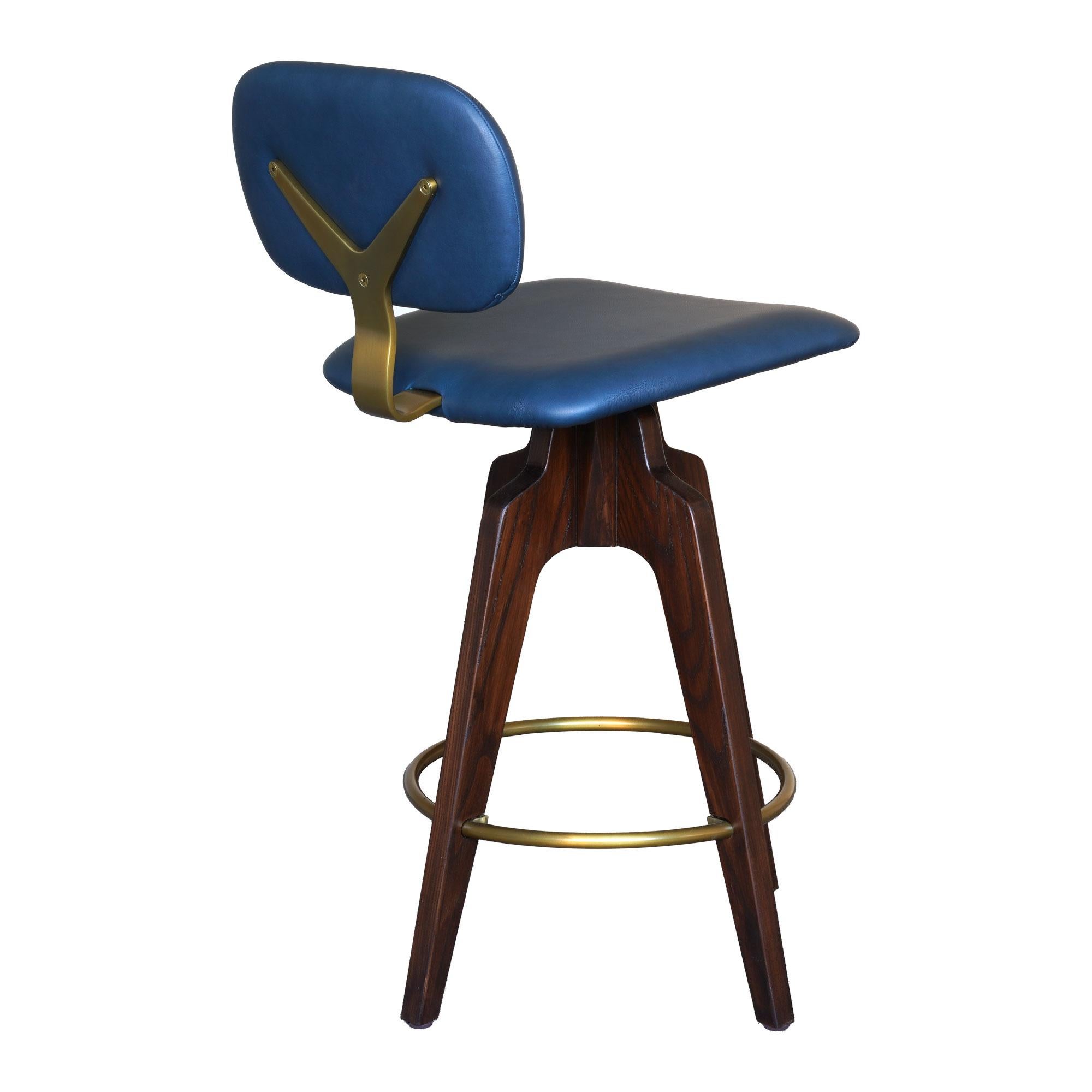 Reeves Swivel Bar Stool W/ Ash legs stained Walnut, Leather & Brass Finish.  For Sale 3