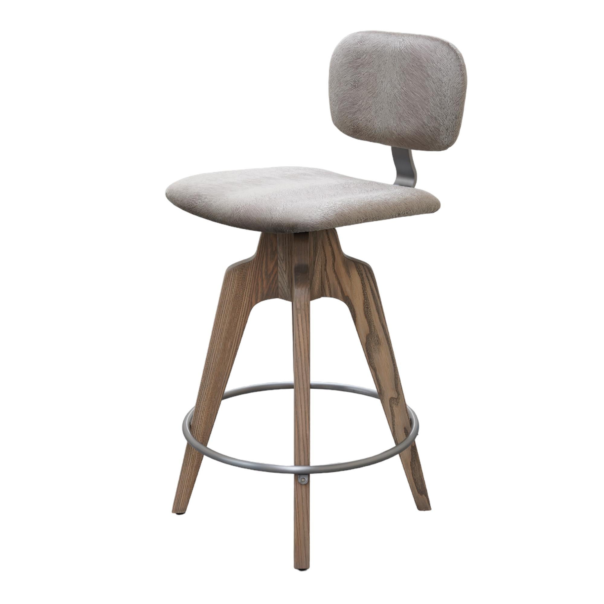 Reeves Swivel Bar Stool W/ Ash legs stained Walnut, Leather & Brass Finish.  For Sale 7