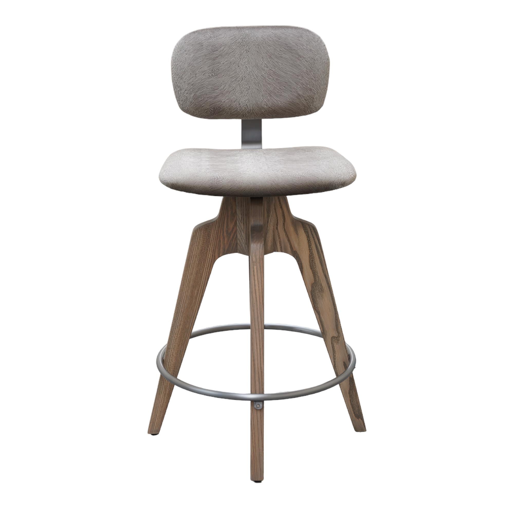 Reeves Swivel Bar Stool W/ Ash legs stained Walnut, Leather & Brass Finish.  For Sale 12