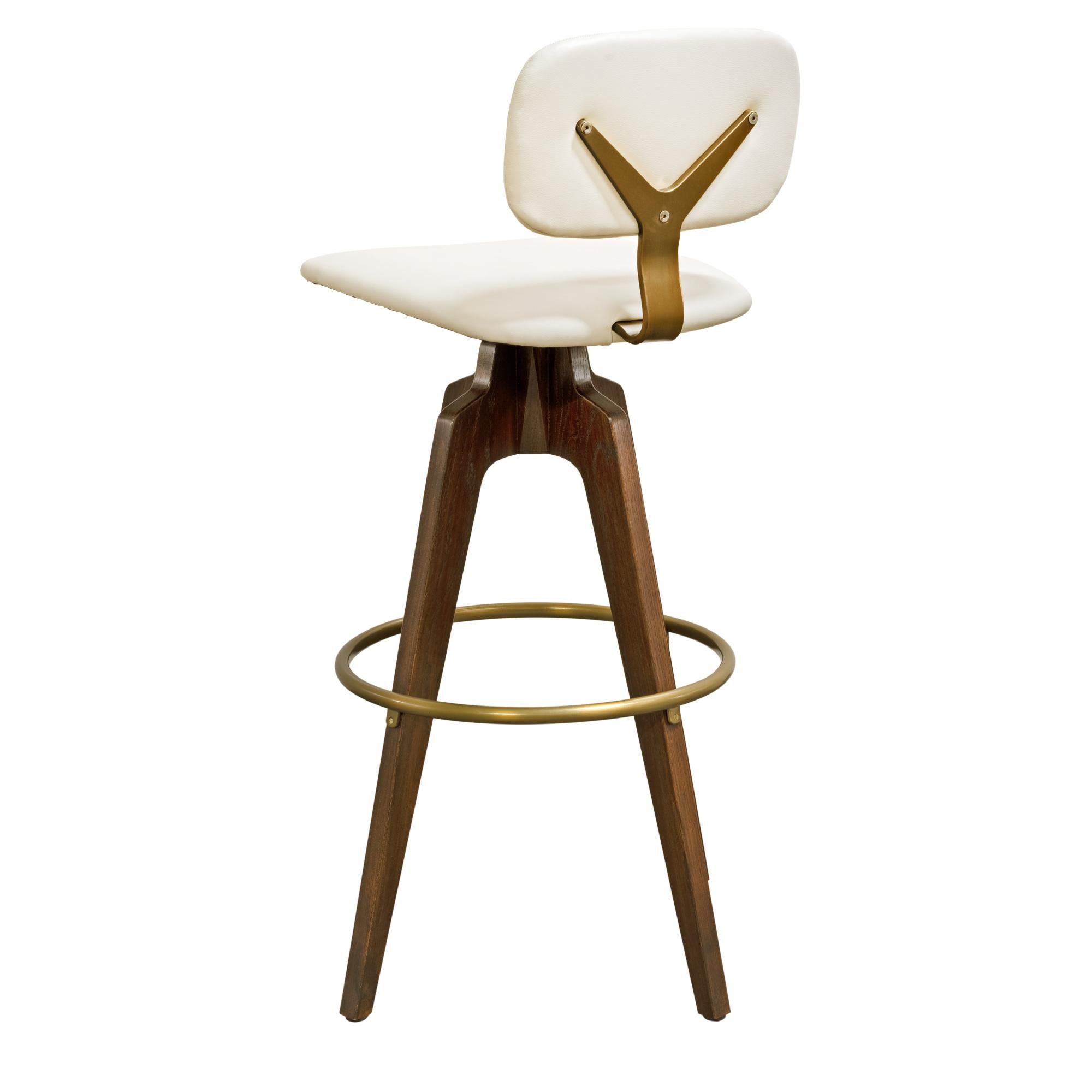 Reeves Swivel Bar Stool W/ Ash legs stained Walnut, Leather & Brass Finish.  For Sale 2