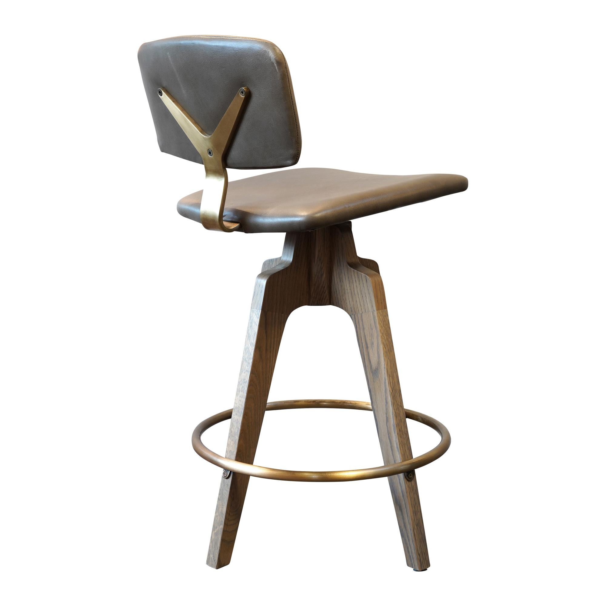 Reeves Swivel Bar Stool W/ Ash legs stained Walnut, Leather & Brass Finish.  For Sale 4
