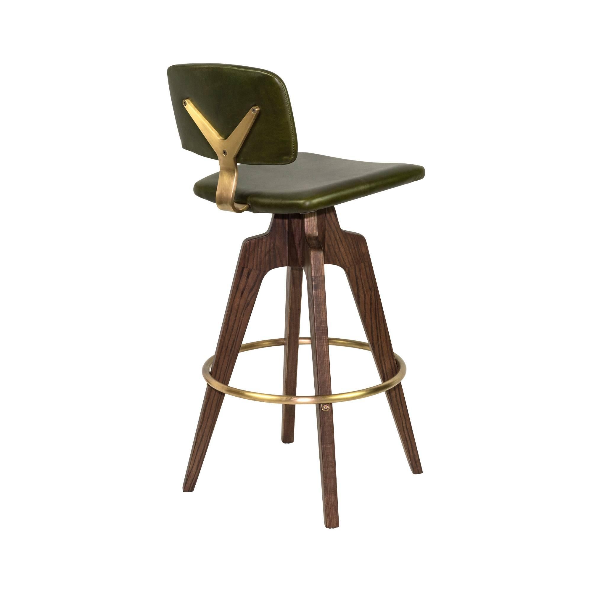 Metalwork Reeves Swivel Bar Stool W/ Ash legs stained Walnut, Leather & Brass Finish.  For Sale