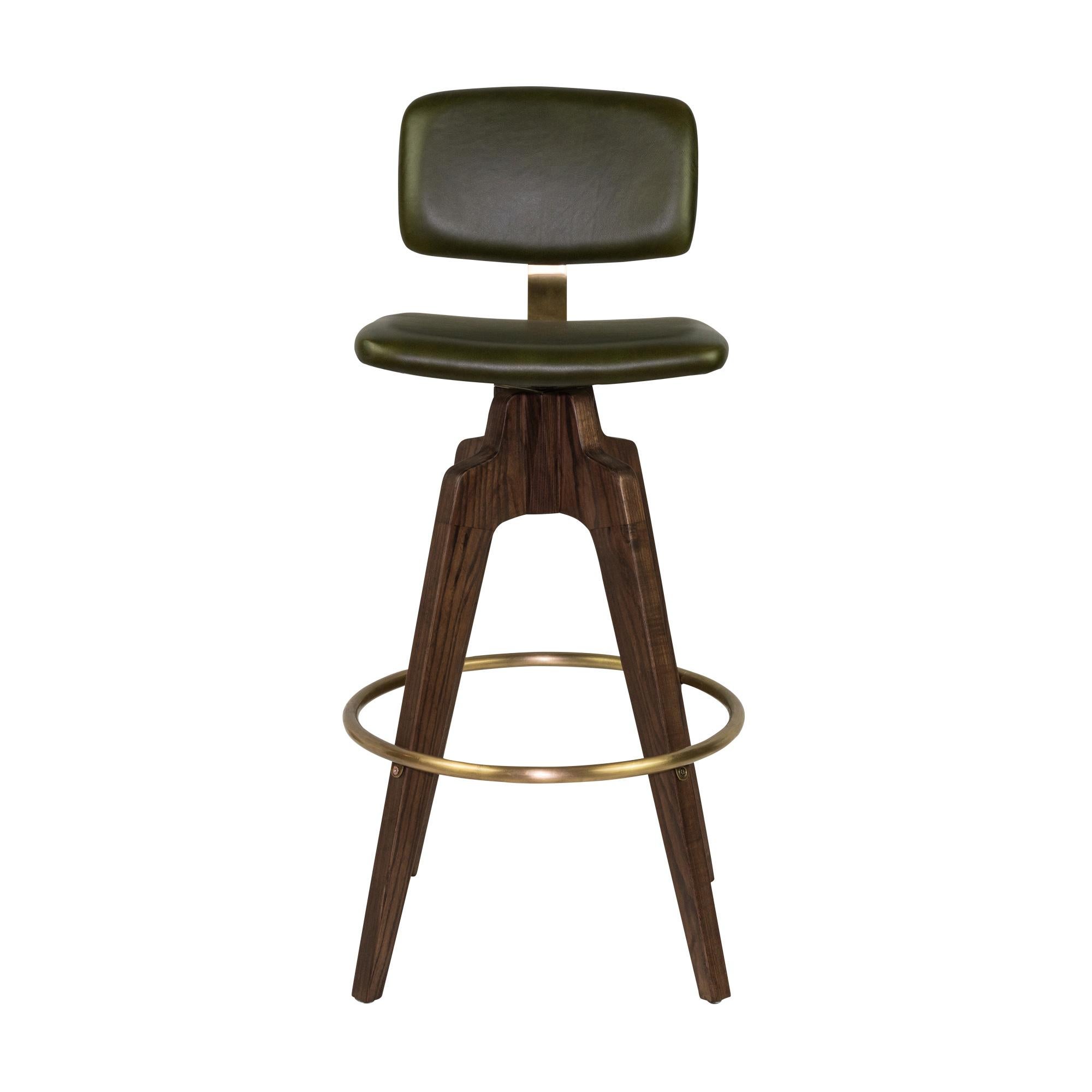 Reeves Swivel Bar Stool W/ Ash legs stained Walnut, Leather & Brass Finish.  In New Condition For Sale In Westport, CT