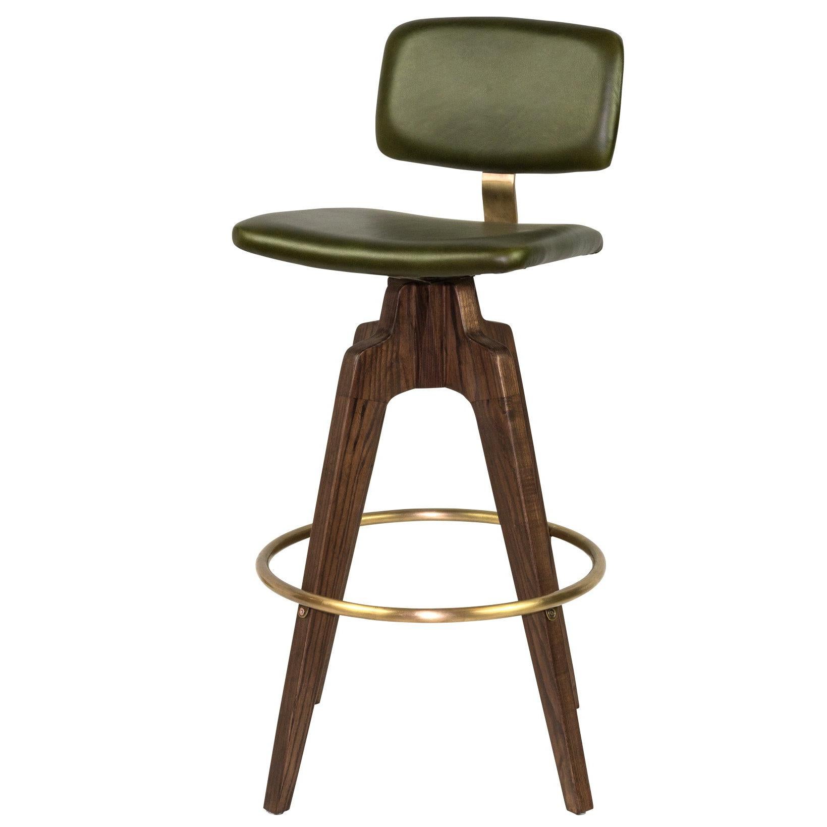 Reeves Swivel Bar or Counter Stool W/ Ash stained Walnut legs & Brass Finish. 
