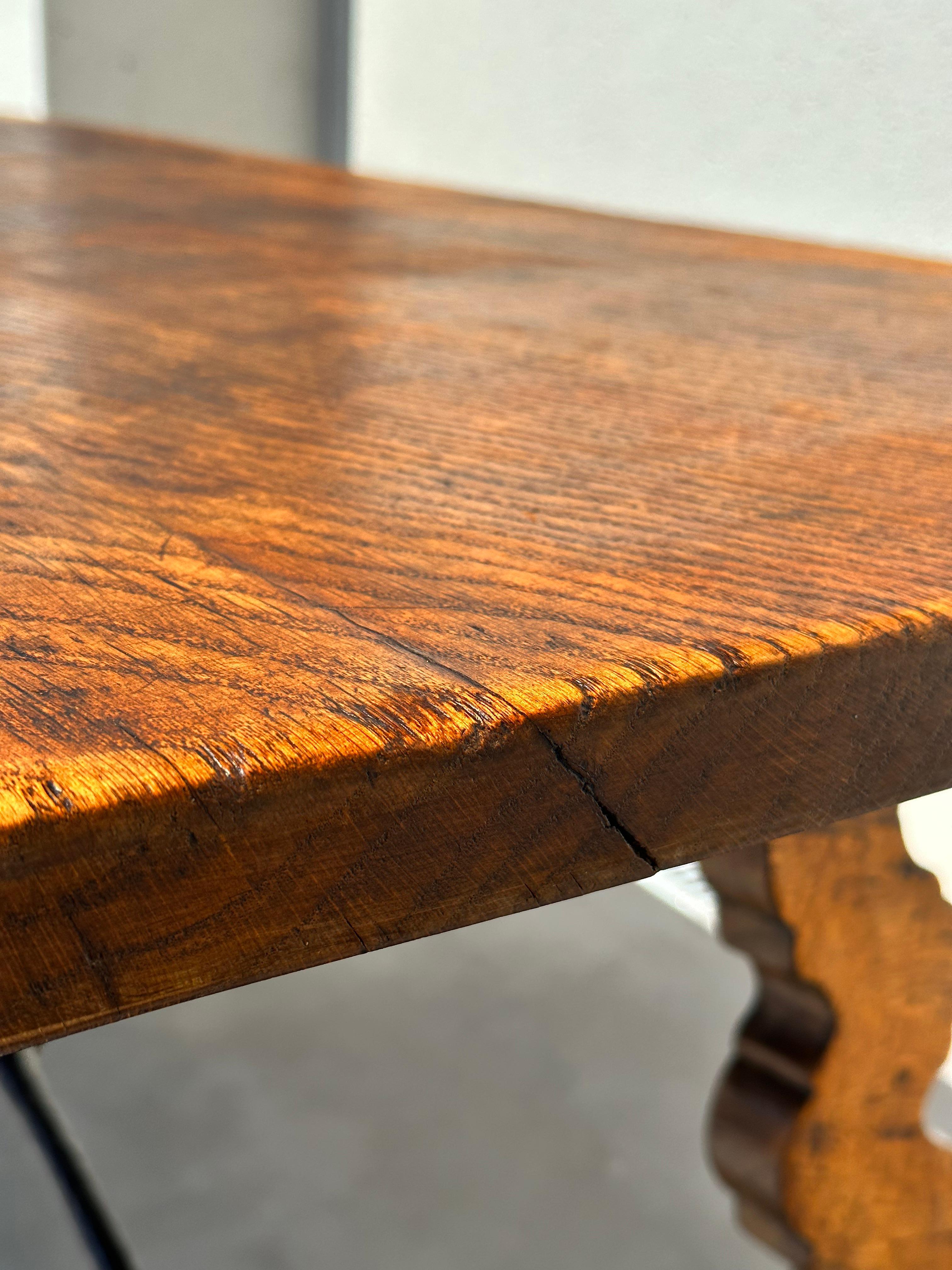 Refectory regionalist table, solid walnut and wrought iron. 19th century, Spain For Sale 5