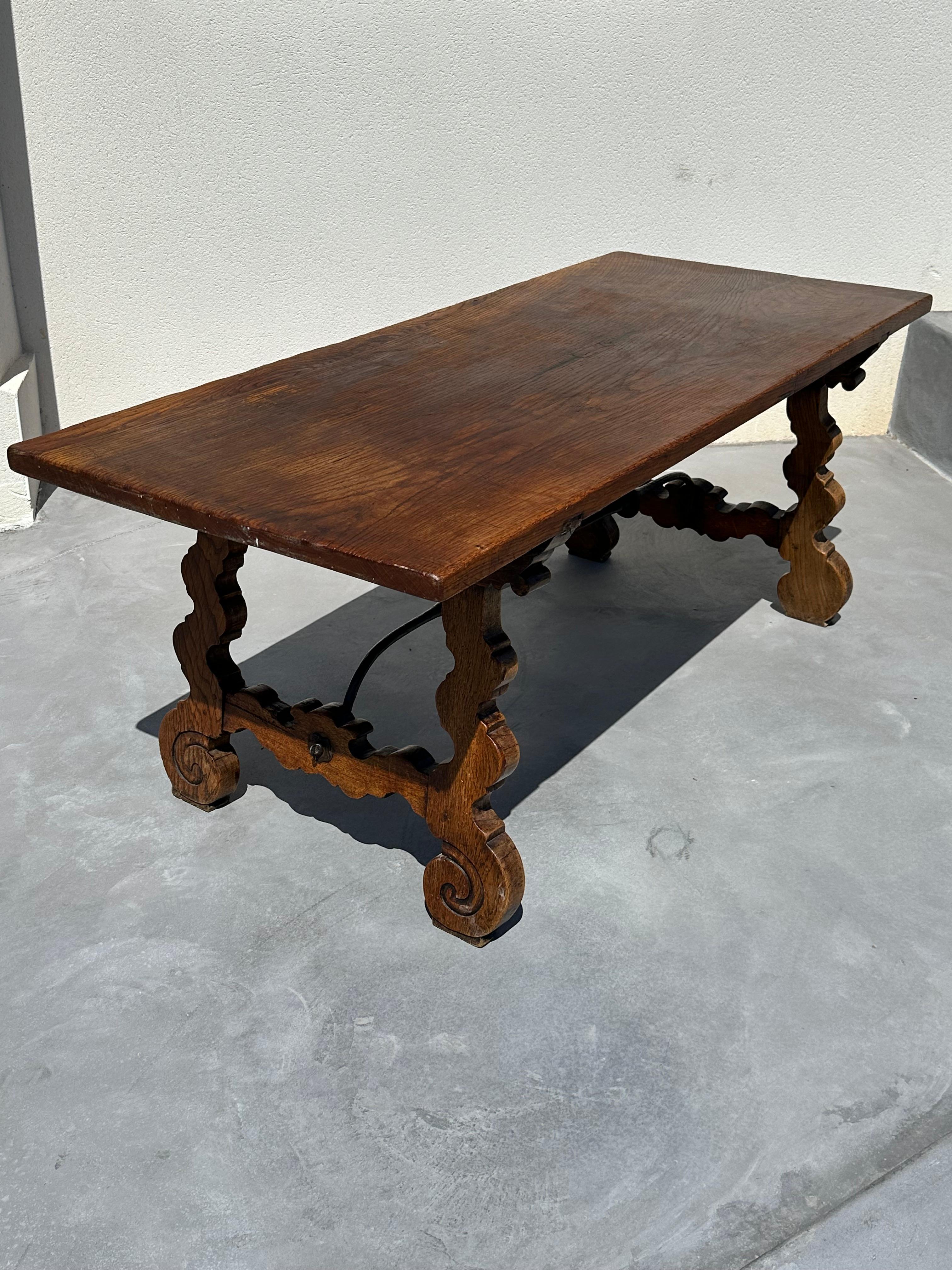 Refectory regionalist table, solid walnut and wrought iron. 19th century, Spain For Sale 6