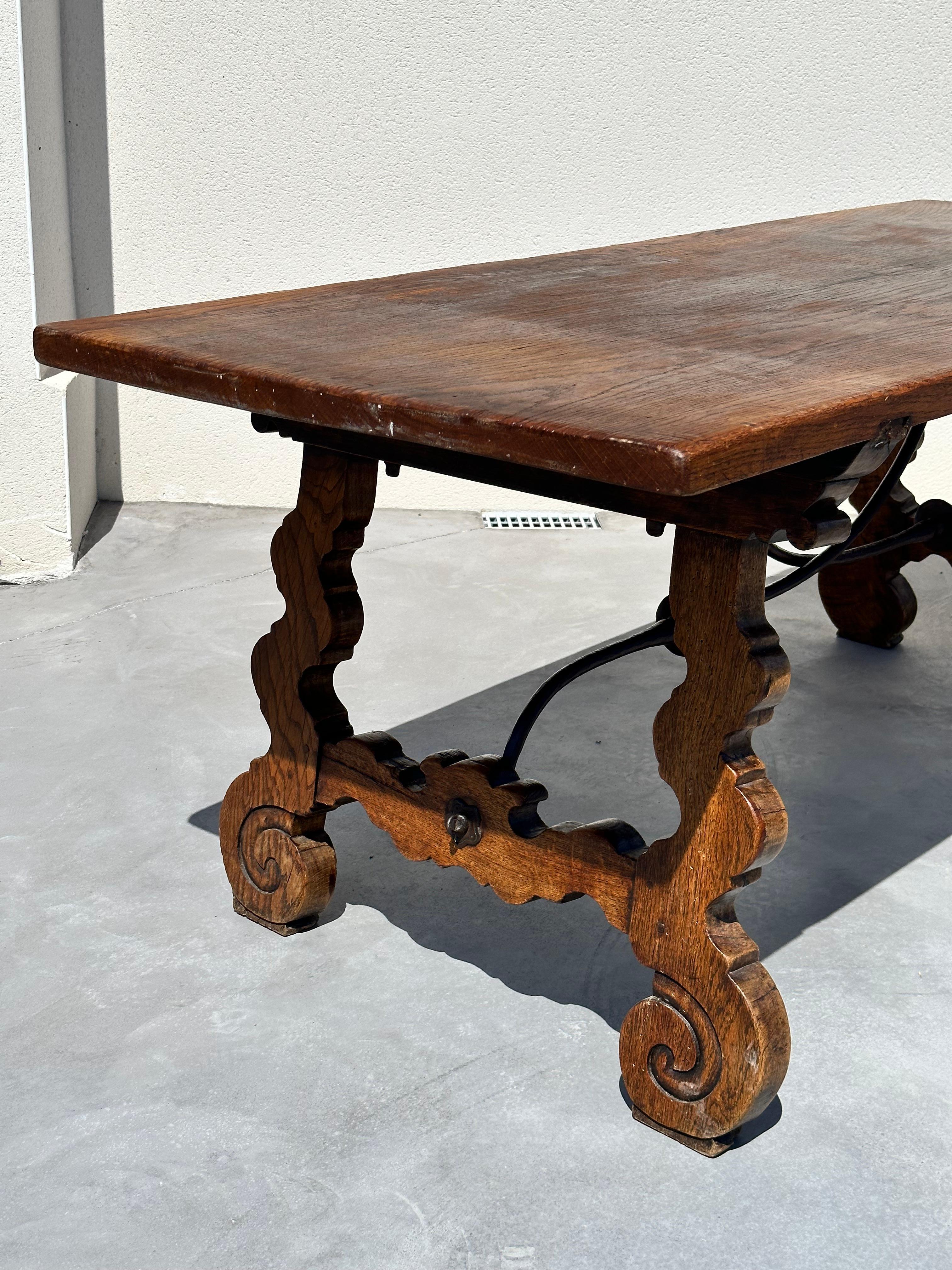 Refectory regionalist table, solid walnut and wrought iron. 19th century, Spain For Sale 7
