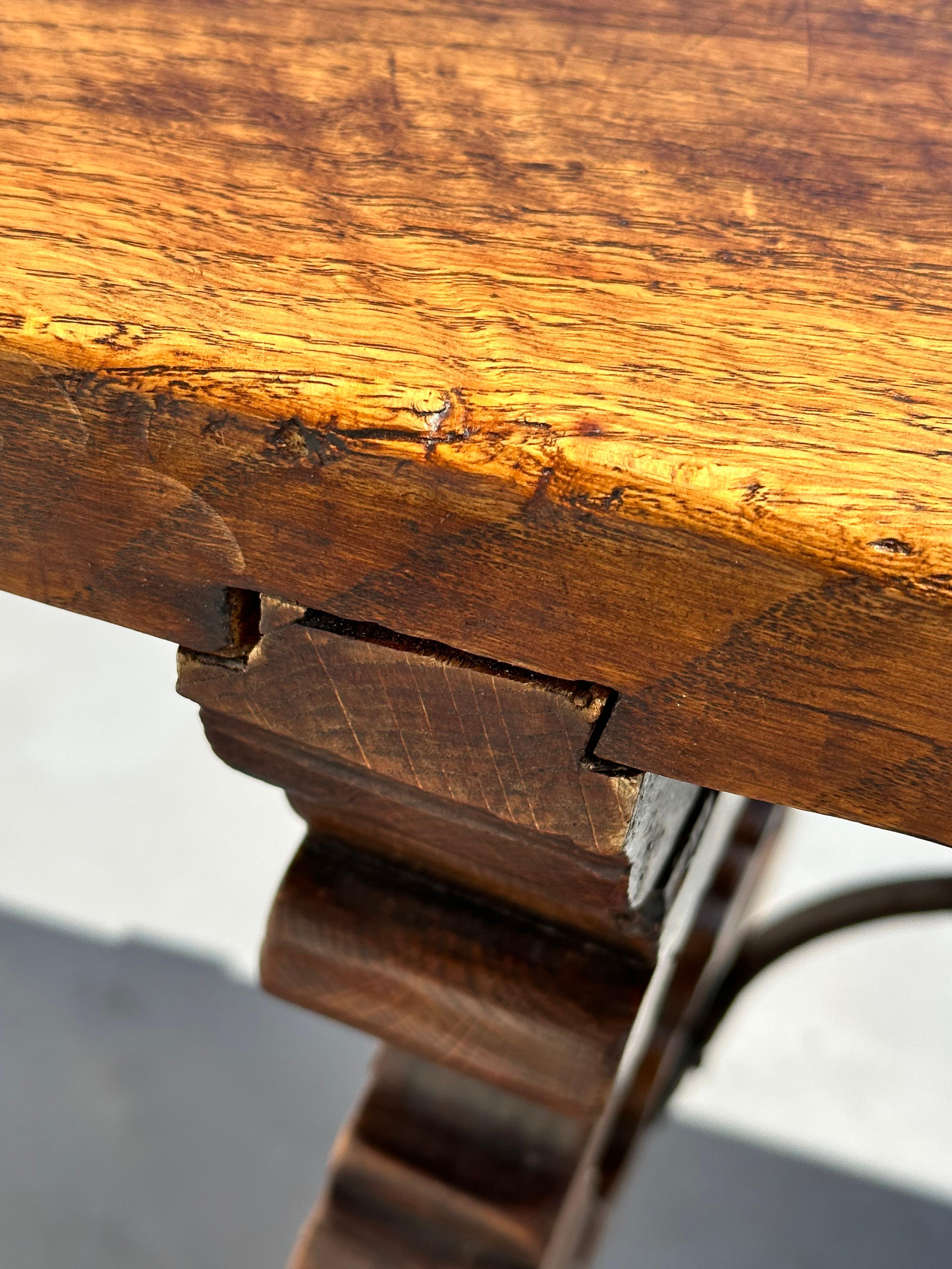 Refectory regionalist table, solid walnut and wrought iron. 19th century, Spain For Sale 9
