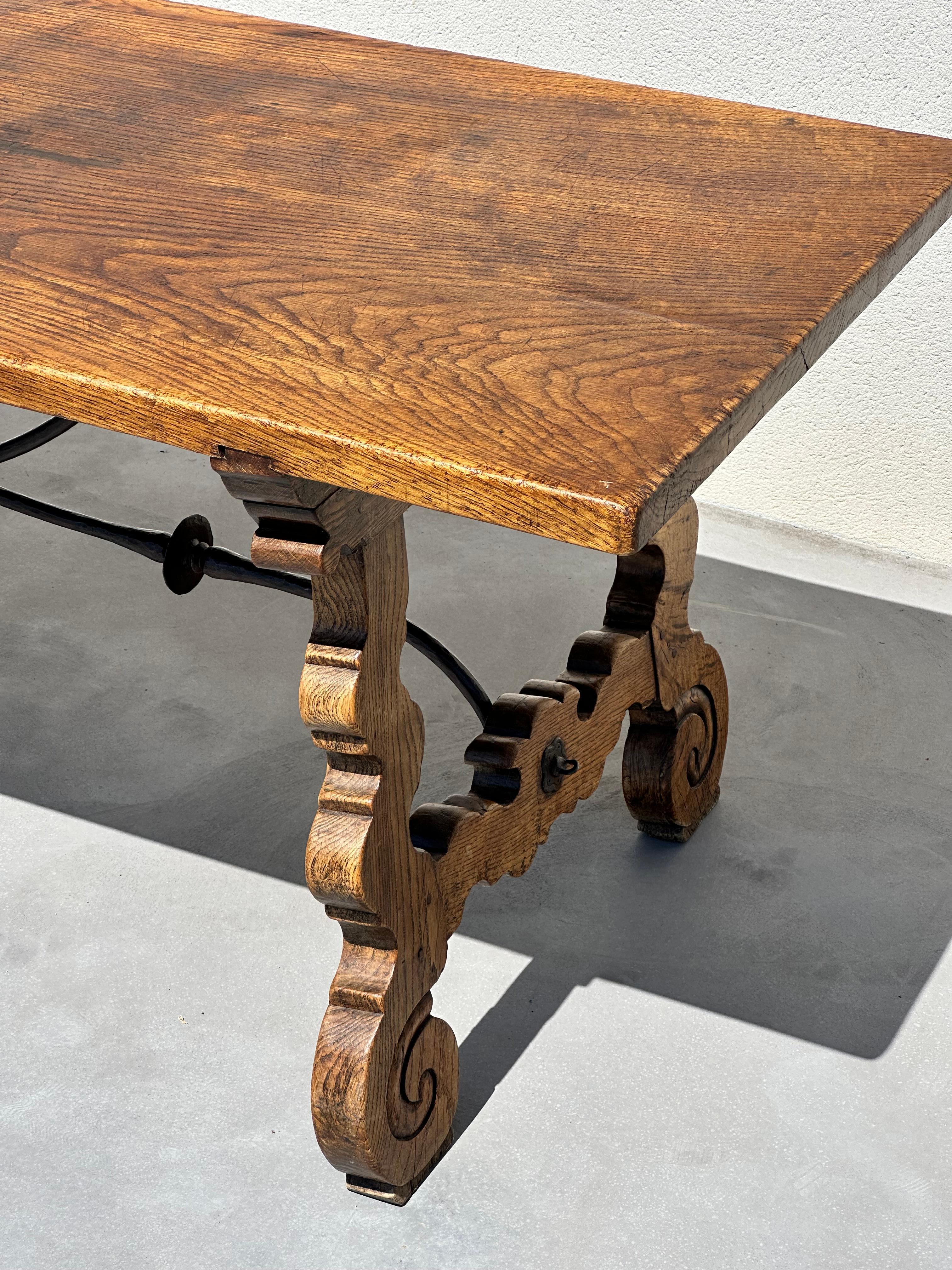 Spanish Refectory regionalist table, solid walnut and wrought iron. 19th century, Spain For Sale