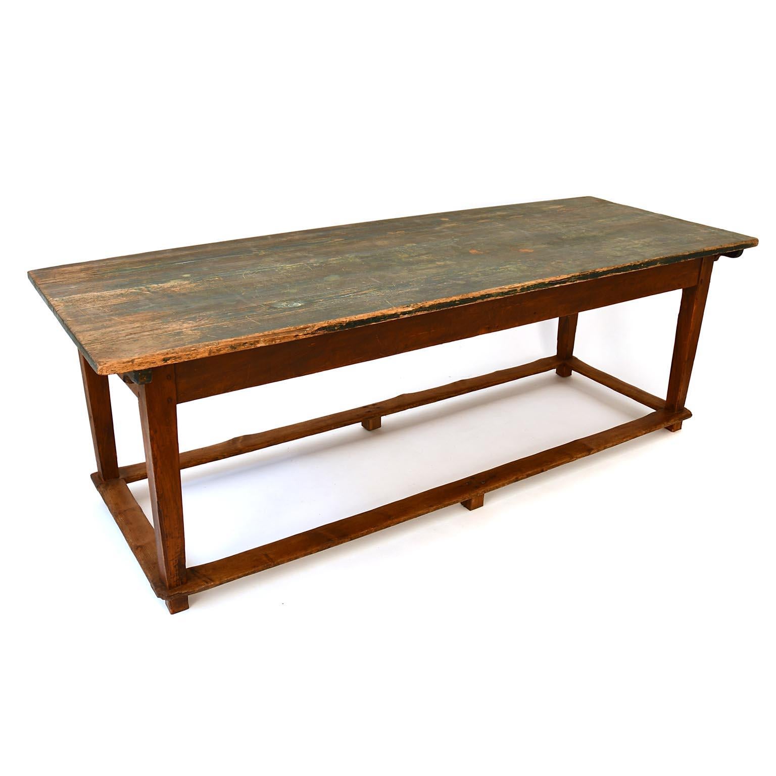 French Refectory Table Softwood Top with Green Patina Early 20th Century France For Sale