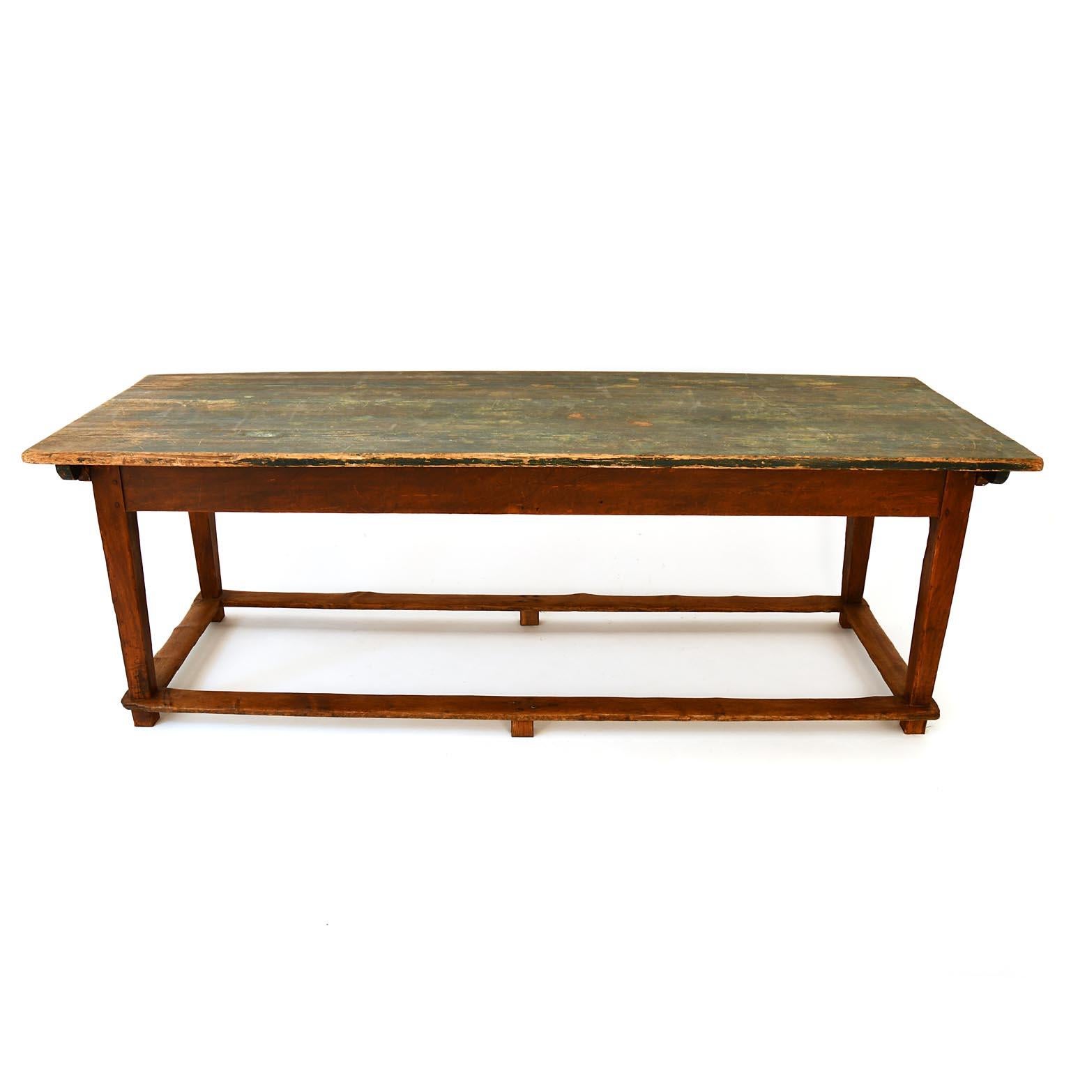 Stained Refectory Table Softwood Top with Green Patina Early 20th Century France For Sale