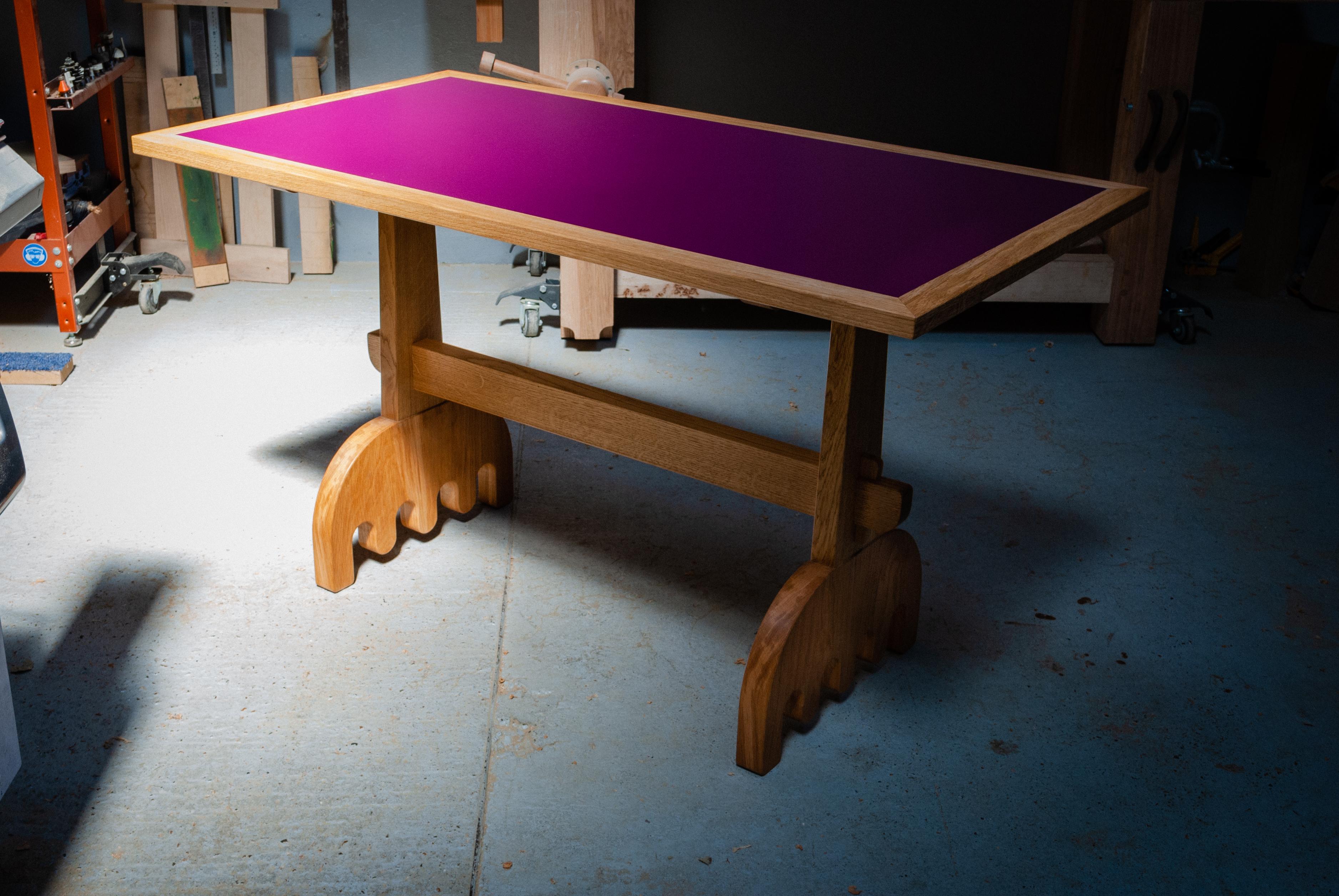 British Organic Modern Table, Solid Oak, Pink Formica Top, Handmade by Loose Fit, UK For Sale