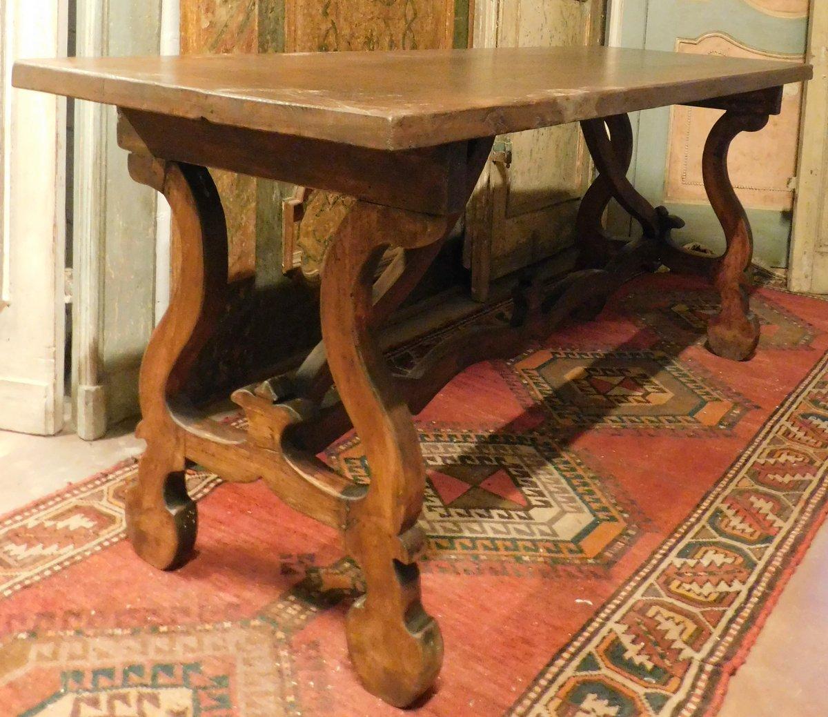 19th Century Refectory table with wavy legs in oak and walnut, Spain For Sale