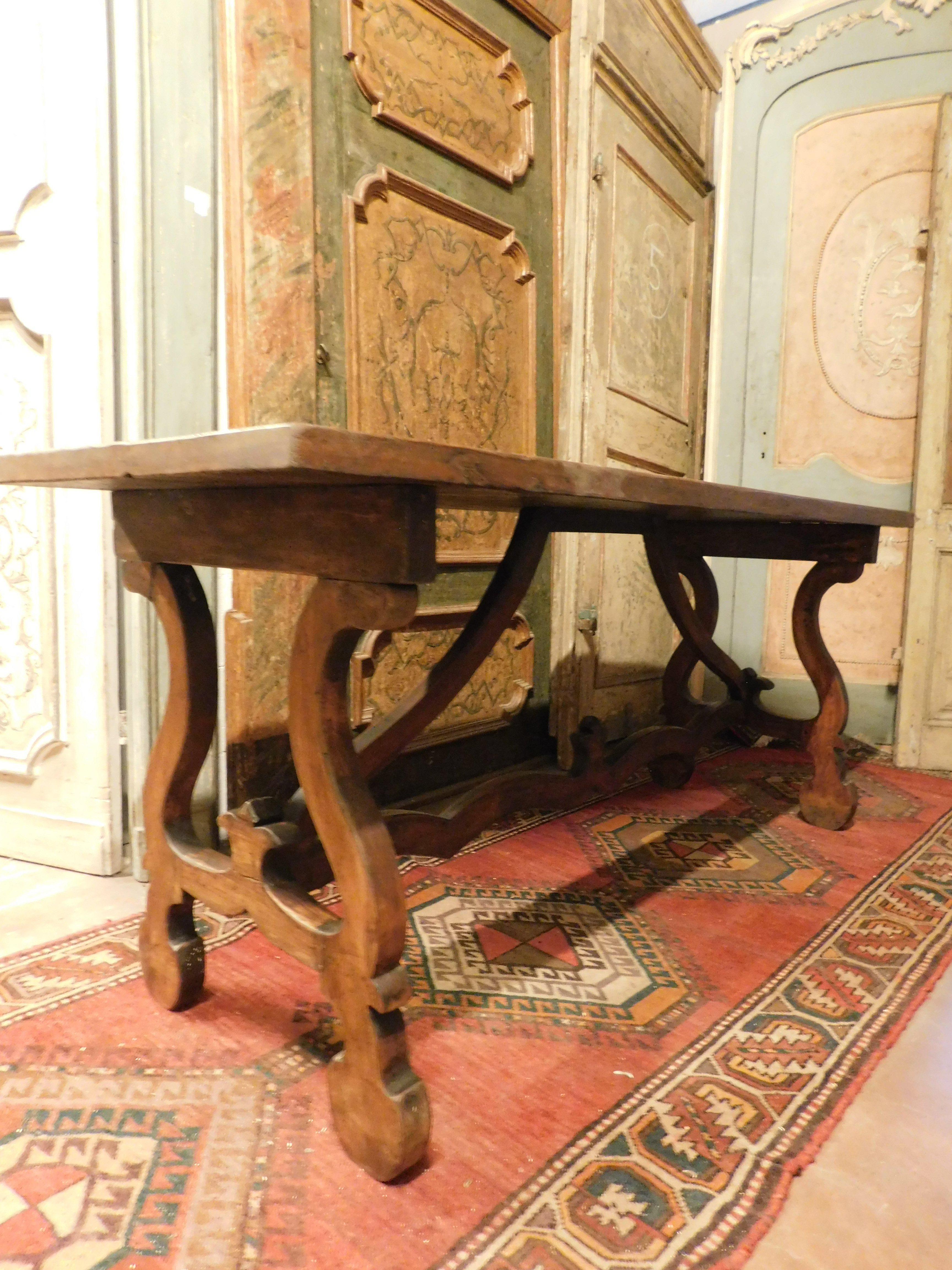 Walnut Refectory table with wavy legs in oak and walnut, Spain For Sale