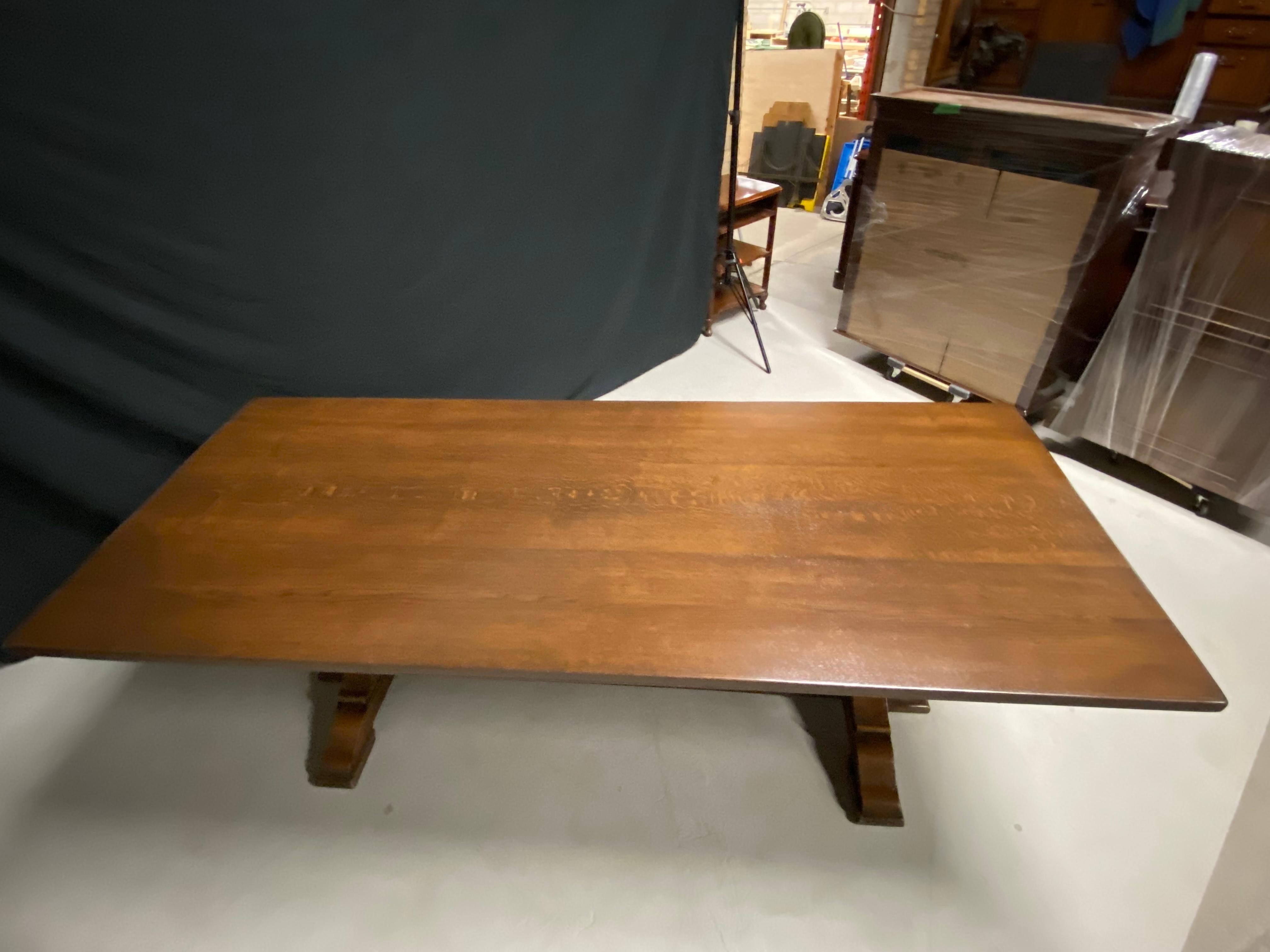 Refectory Trestle Table English Solid Oak, Tudor Style with Carved Pillars 3