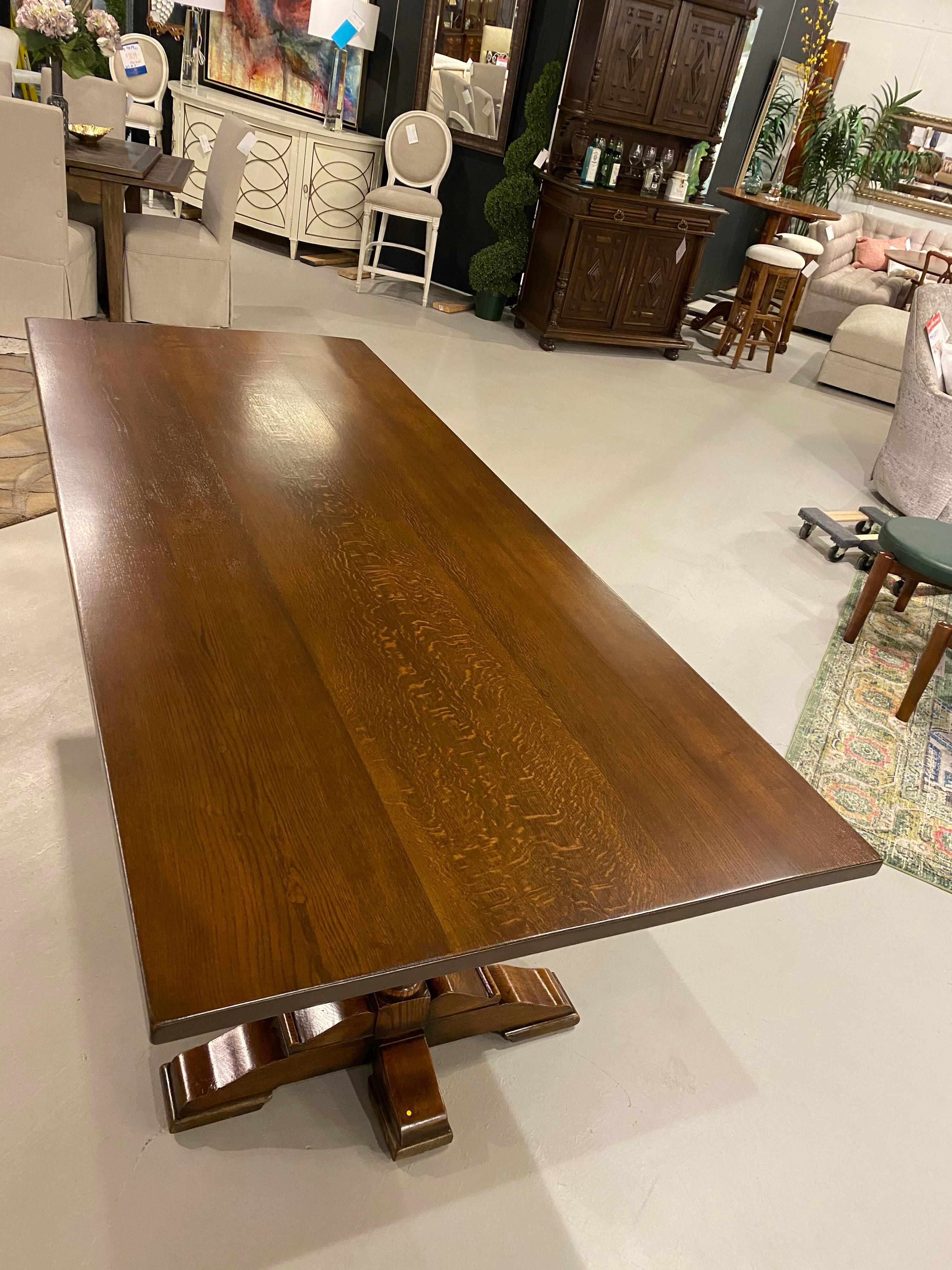 Refectory Trestle Table English Solid Oak, Tudor Style with Carved Pillars 4