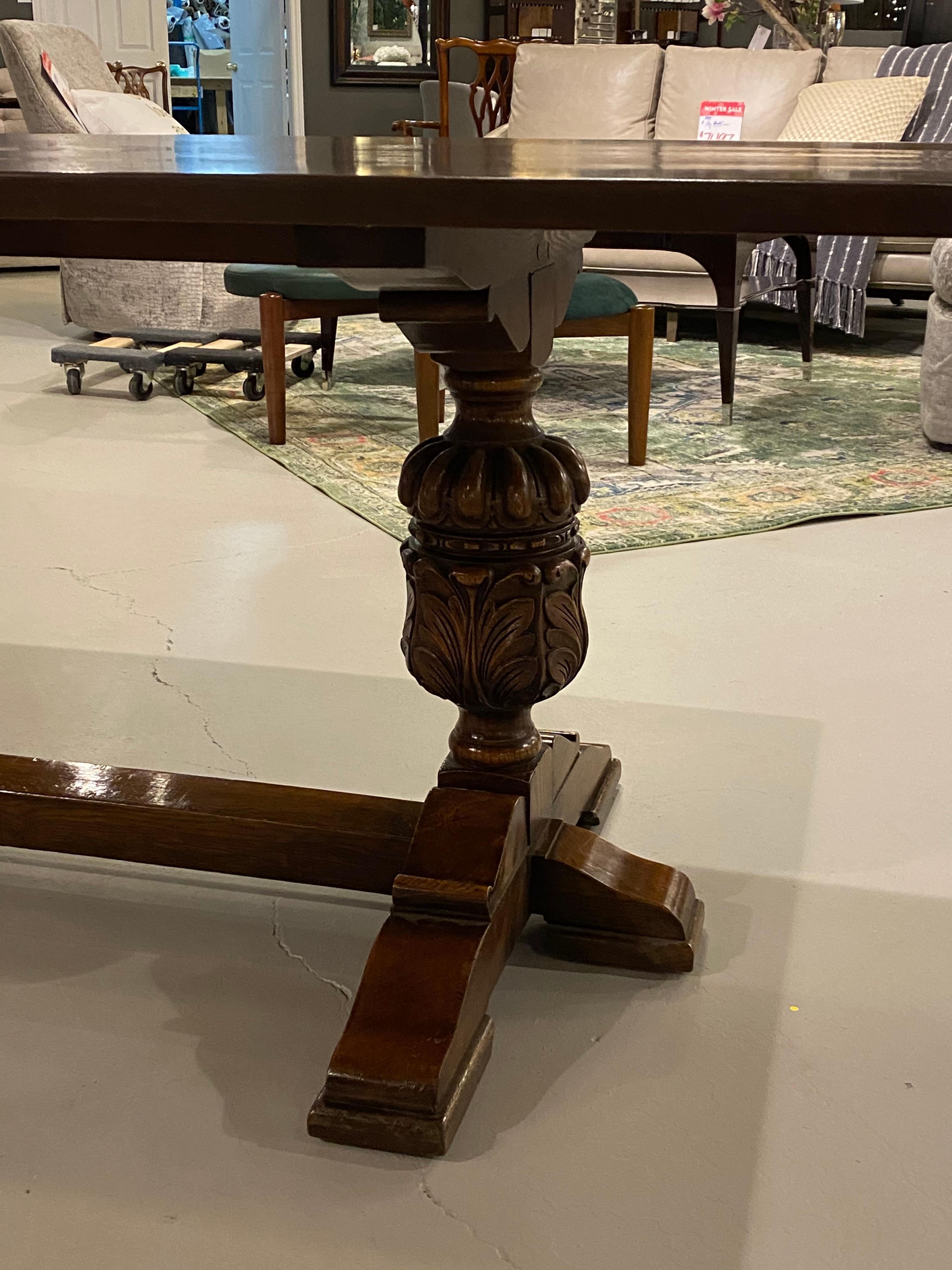 Refectory Trestle Table English Solid Oak, Tudor Style with Carved Pillars 5